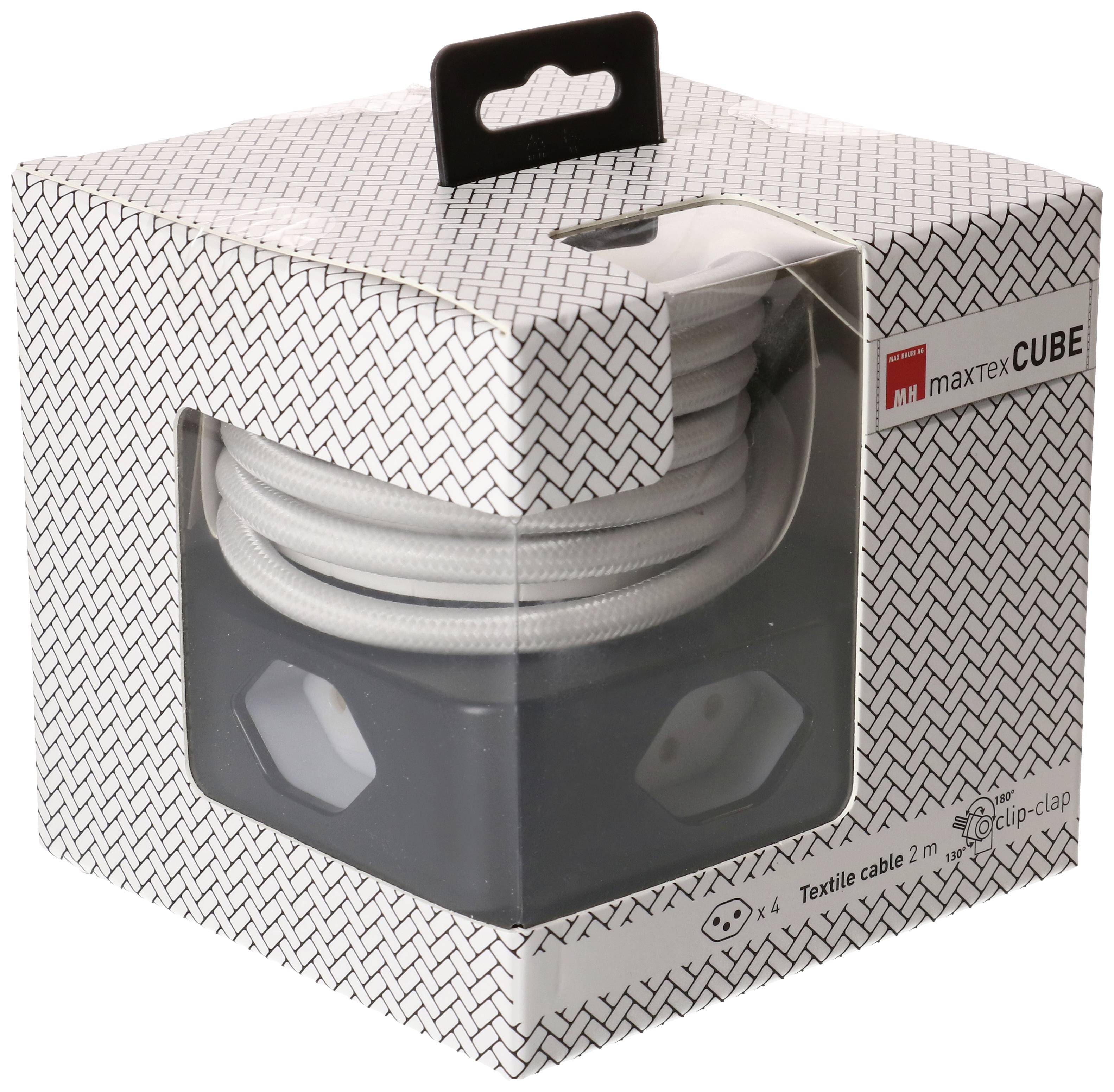 Emballage d'un câble textile de la marque maxTexCUBE, long de 2 mètres, équipé de quatre prises électriques, présenté dans un coffret décoratif.