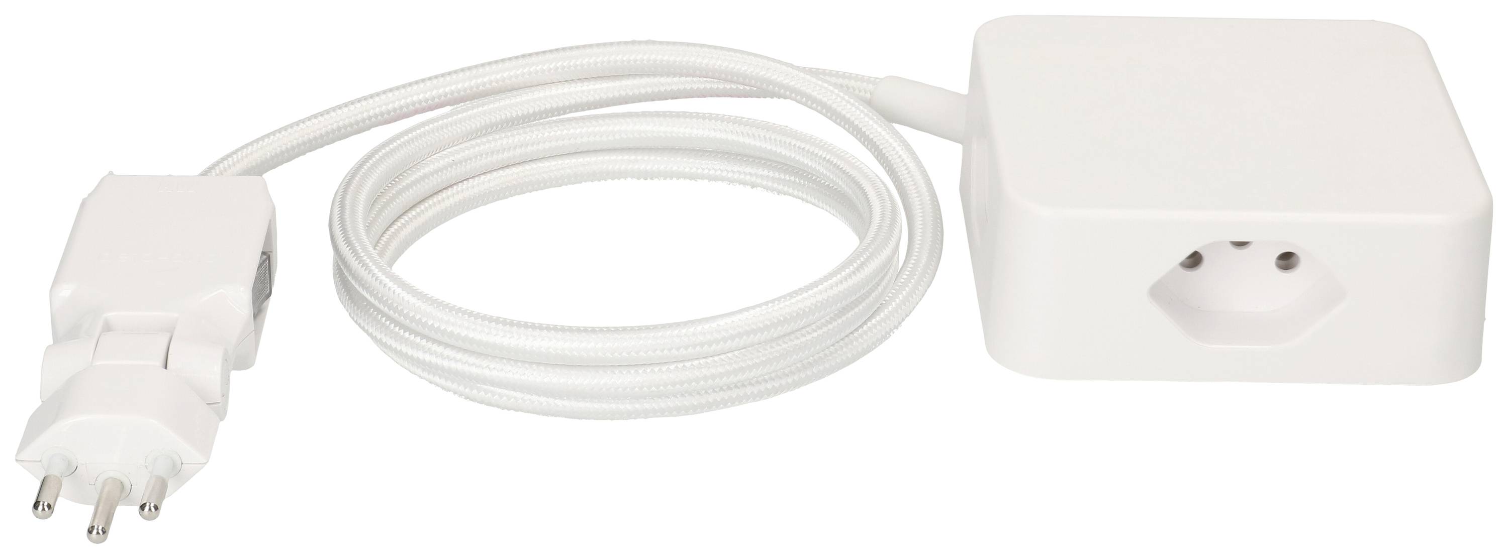 Câble d'alimentation blanc avec adaptateur, fiche et prise européens, pour l'alimentation électrique des appareils électroniques.