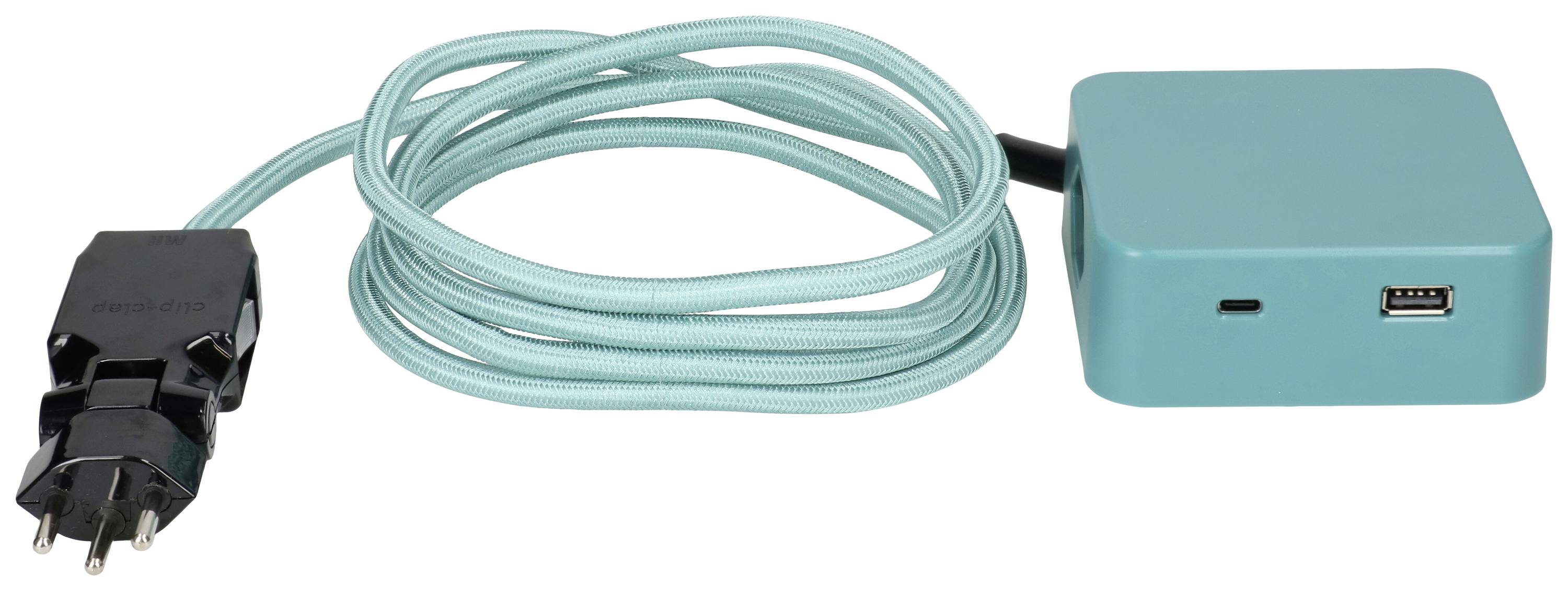 Un chargeur turquoise avec port USB et câble intégré, muni d'une fiche adaptée aux prises électriques européennes.