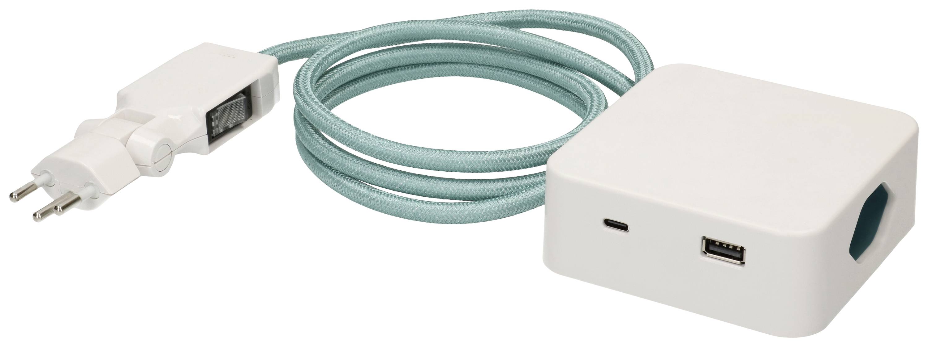 Un adaptateur blanc avec un port USB et un câble vert est représenté sur une surface blanche.