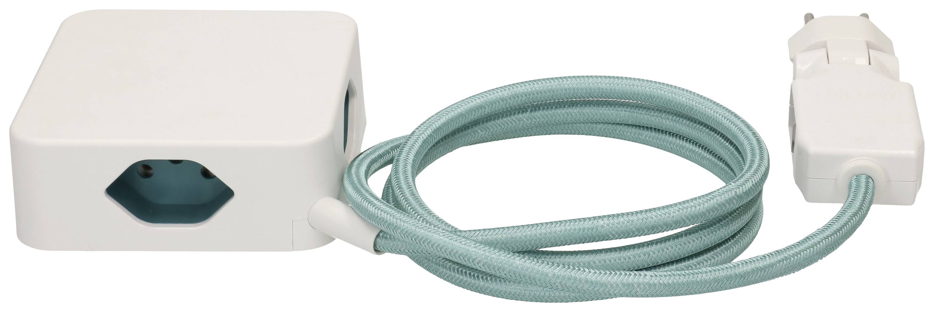 Un adaptateur de prise blanc avec un câble turquoise et une fiche Schuko, adapté pour connecter plusieurs appareils.