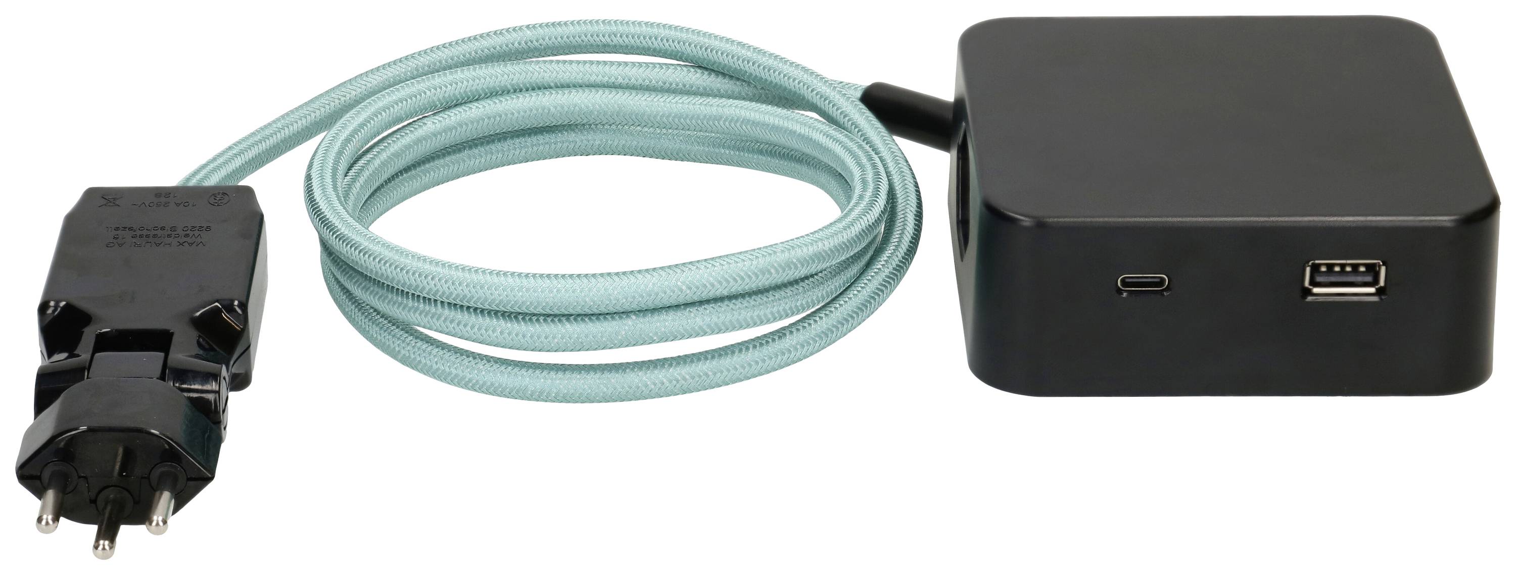 Chargeur noir avec câble bleu et fiche européenne, ports USB-C et USB-A.