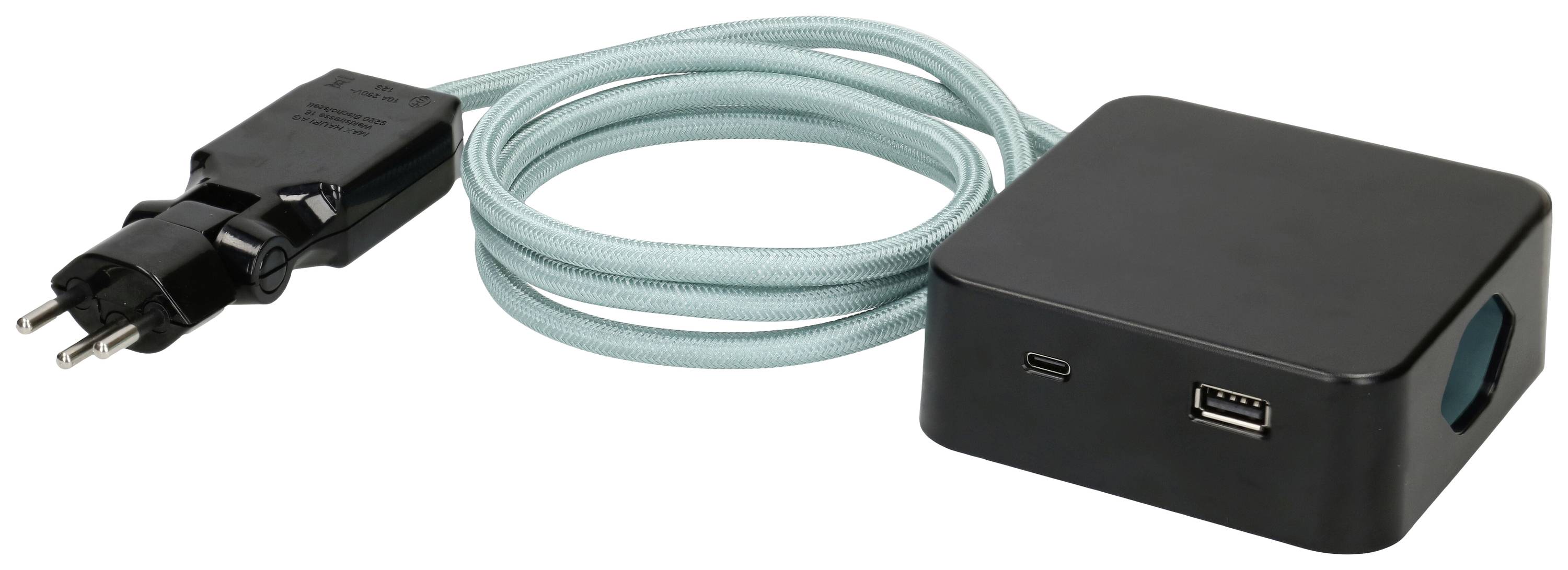 Un adaptateur noir avec des ports USB et un câble bleu connecté à une prise électrique européenne.