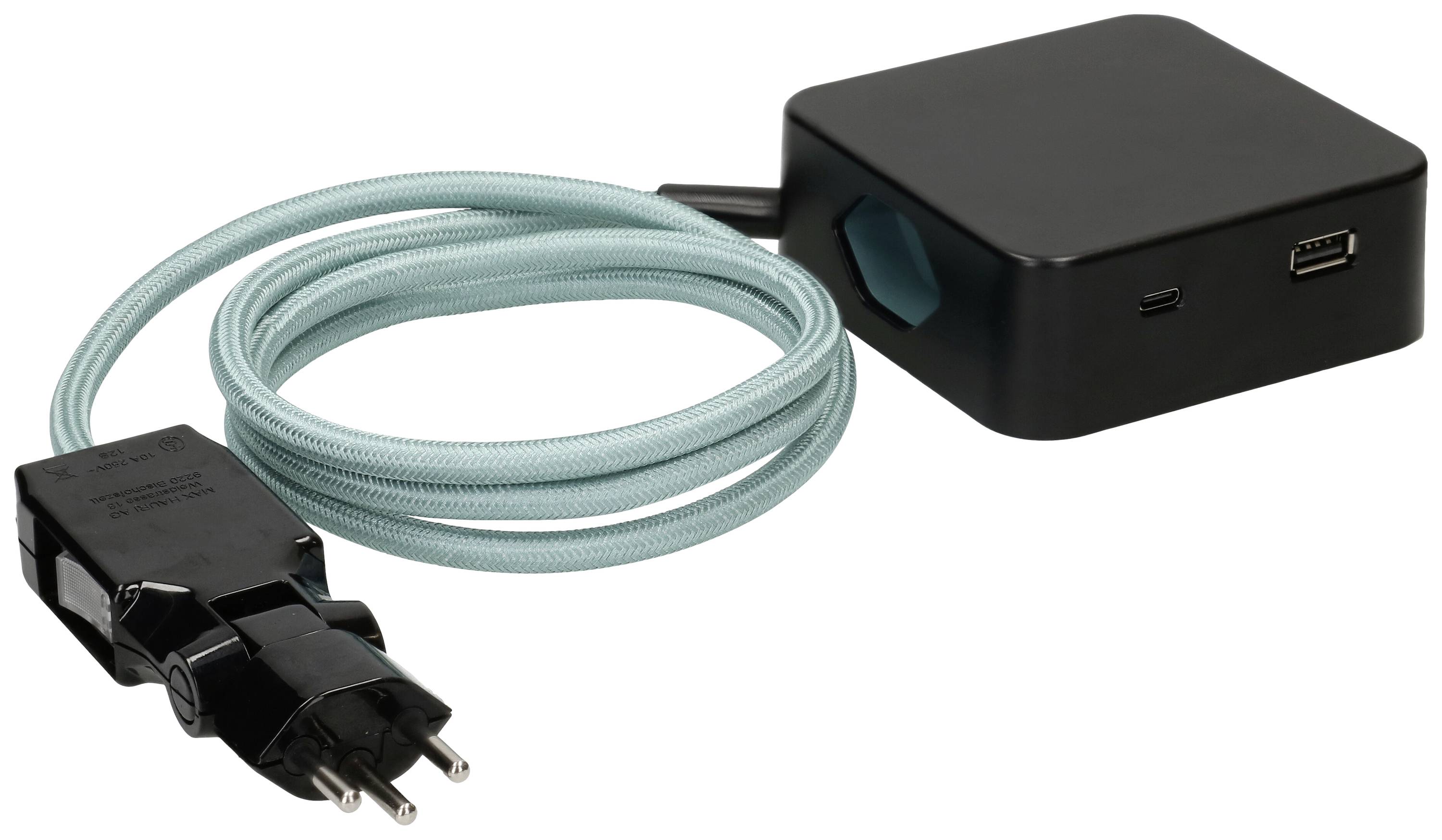 Adaptateur noir avec ports USB et câble bleu se terminant par une fiche européenne. Adapté à différentes connexions d'appareils.