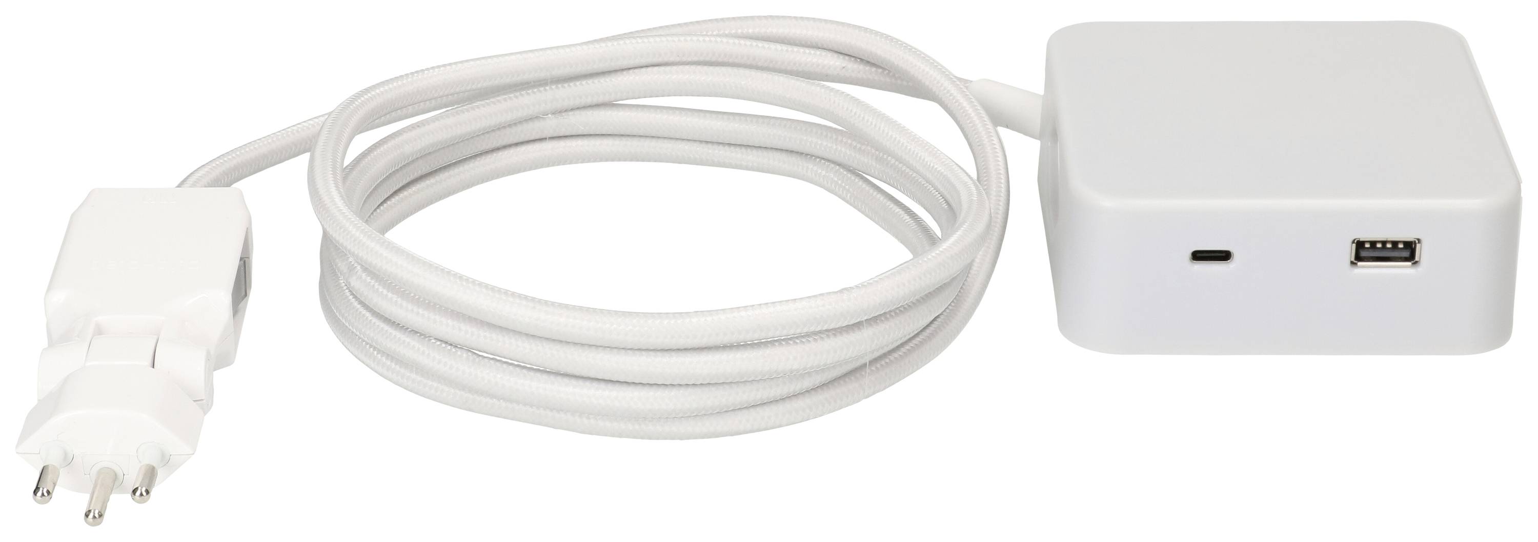 Chargeur USB blanc avec long câble et prise européenne, adapté pour la connexion à des appareils électriques.