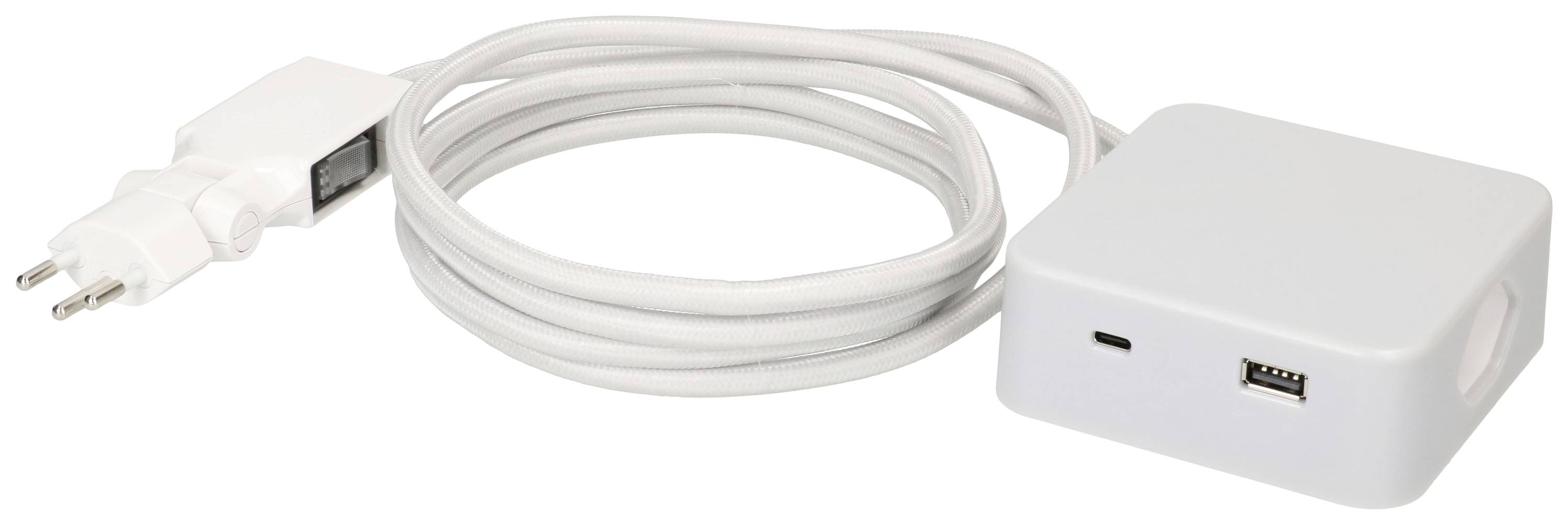 Un chargeur USB blanc avec deux prises européennes et un long câble. Il dispose de deux ports : un USB-C et un USB-A.