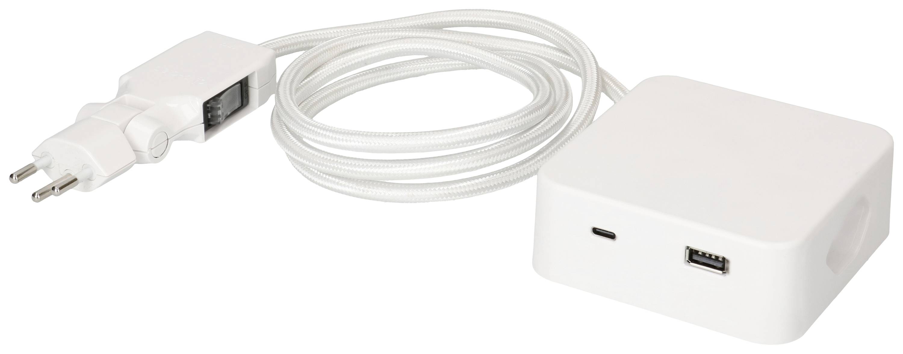 Un chargeur USB blanc avec deux ports USB et un long câble d'alimentation tressé se terminant par une prise européenne.