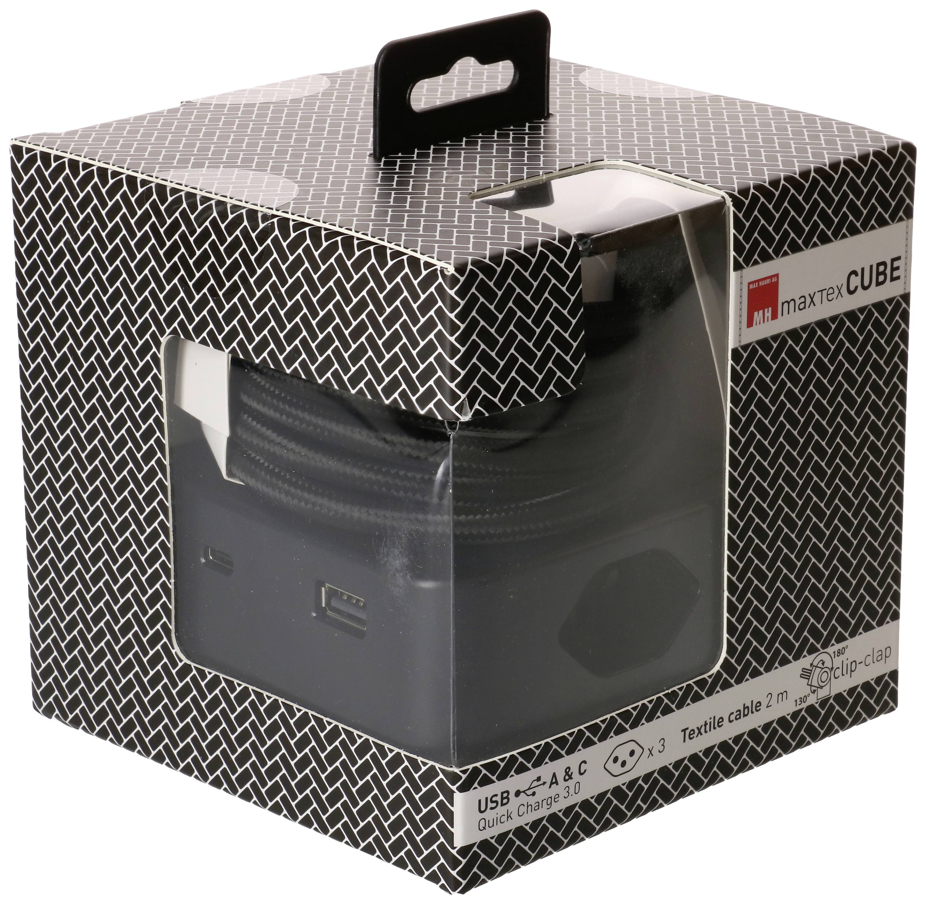 Emballage noir d'un chargeur 'maxtrex CUBE' avec des ports USB-A et USB-C ainsi qu'un câble textile de 2 m.