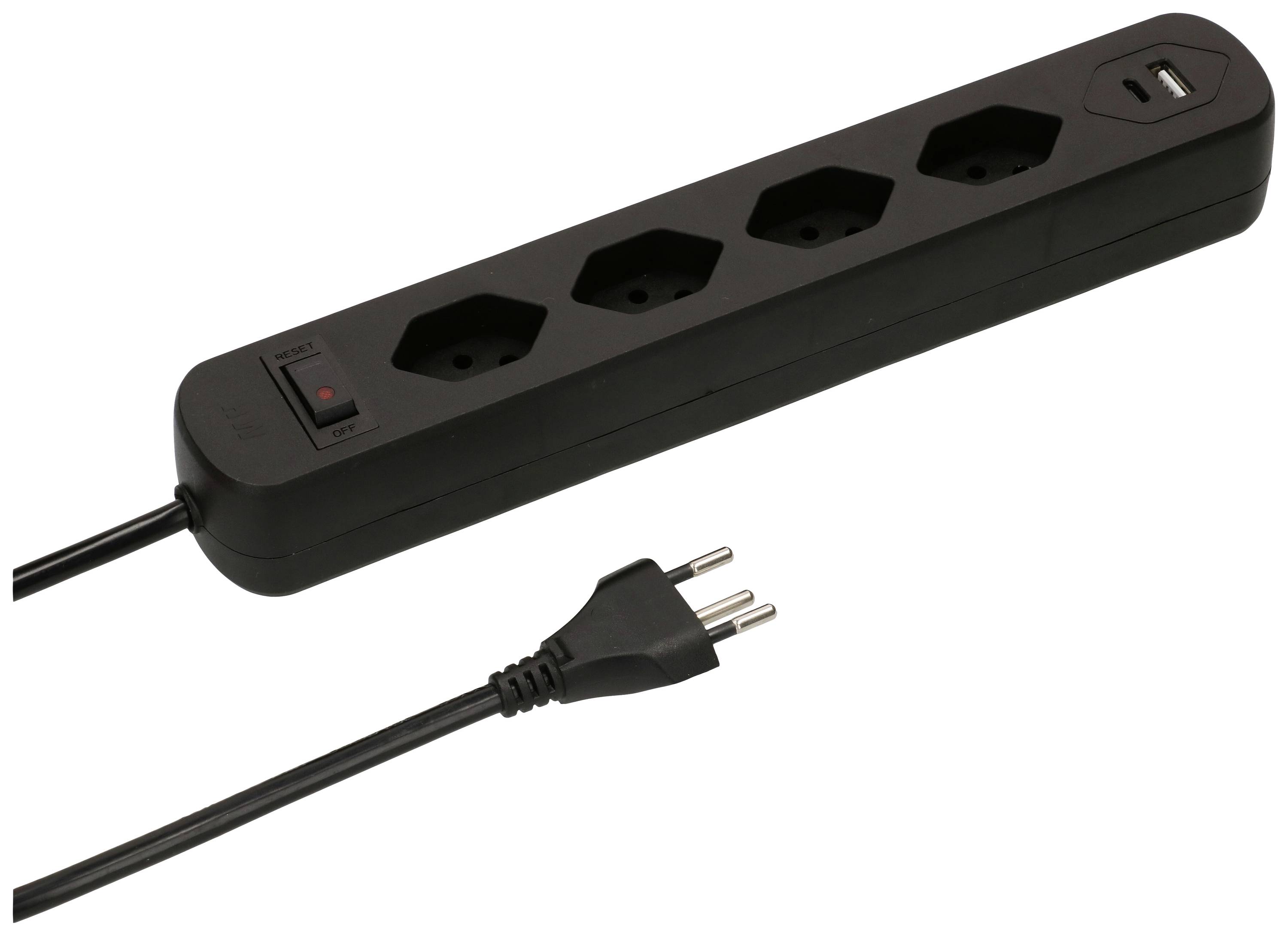 Multiprise noire à quatre emplacements avec port USB, équipée d'un câble d'alimentation et d'un interrupteur à bascule avec voyant de contrôle rouge.