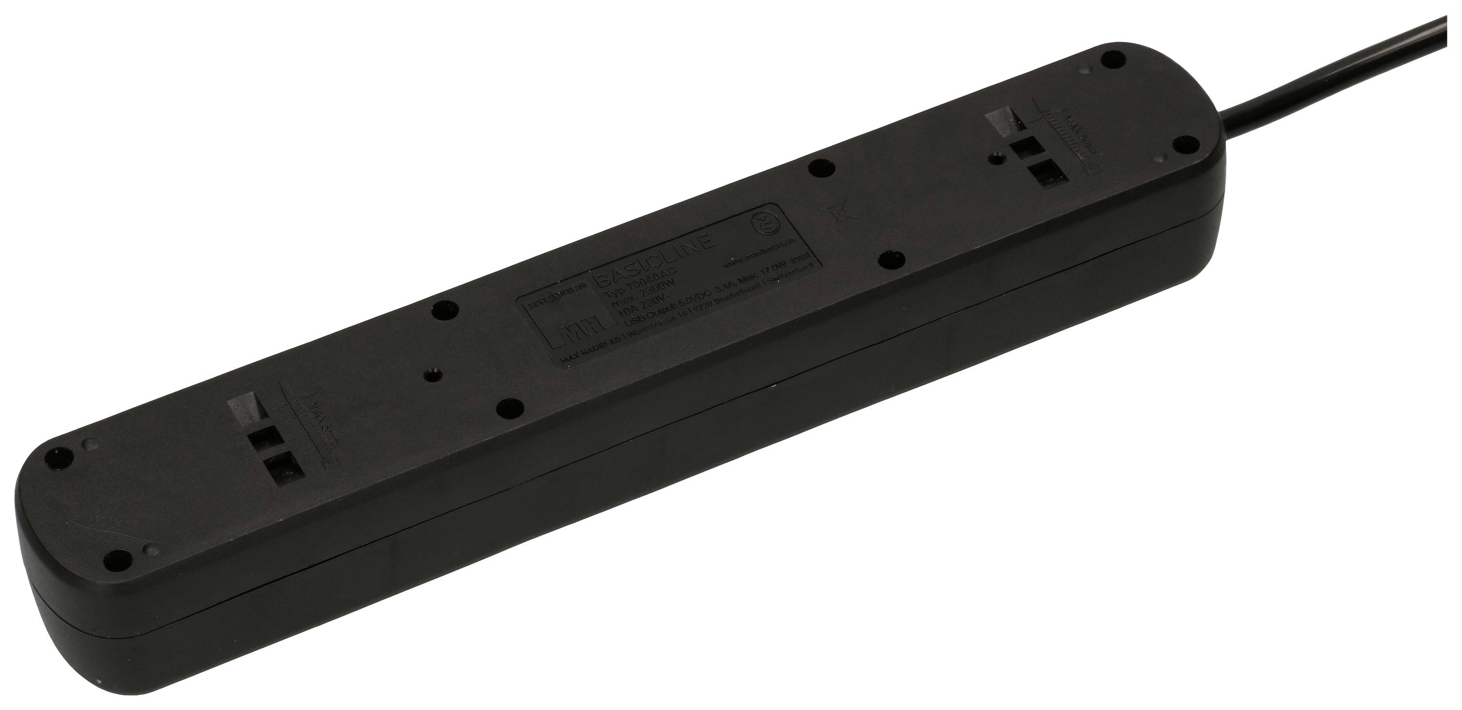 Une multiprise noire avec plusieurs prises et un câble à droite. Elle a une forme rectangulaire et est destinée aux appareils électriques.