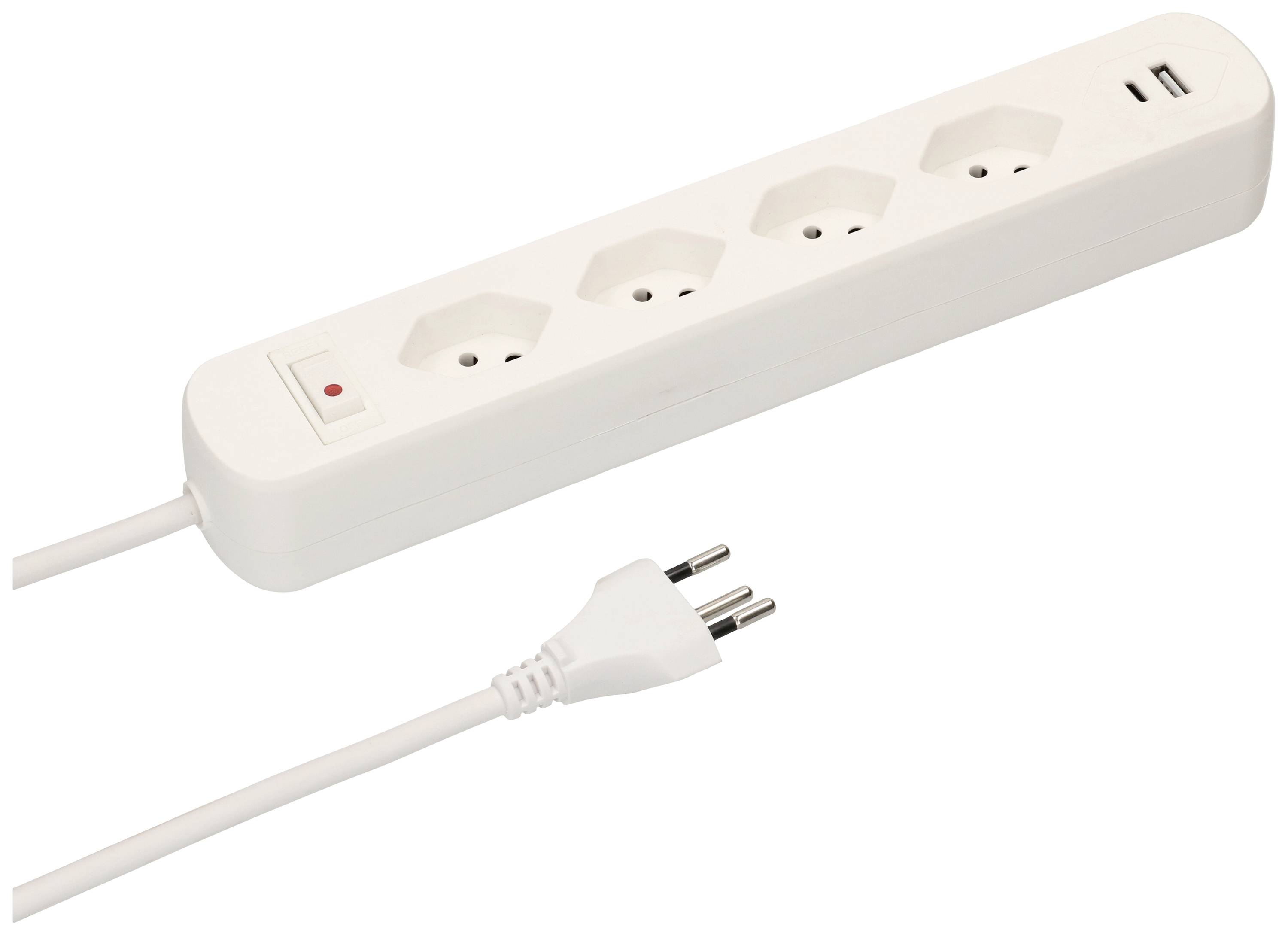 Bloc multiprise blanc à quatre emplacements avec port USB, accompagné de fiches et de câbles. Adapté pour plusieurs appareils.
