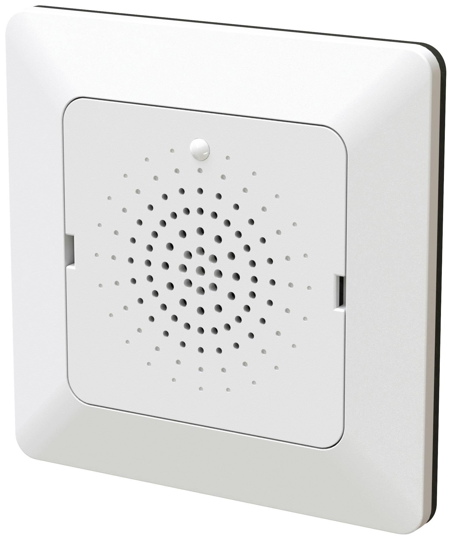 Sonnette de porte carrée blanche aux coins arrondis, avec un haut-parleur circulaire en son centre.