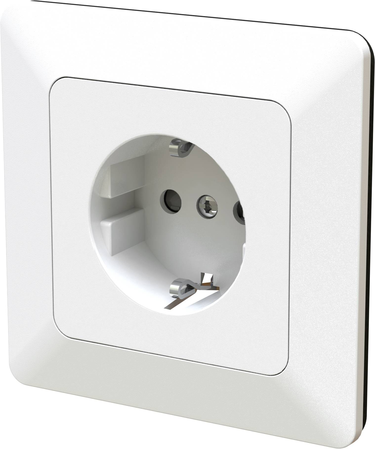 Prise électrique blanche encastrée au mur, avec des ouvertures rondes adaptées à la norme allemande, installée sur une surface lisse.