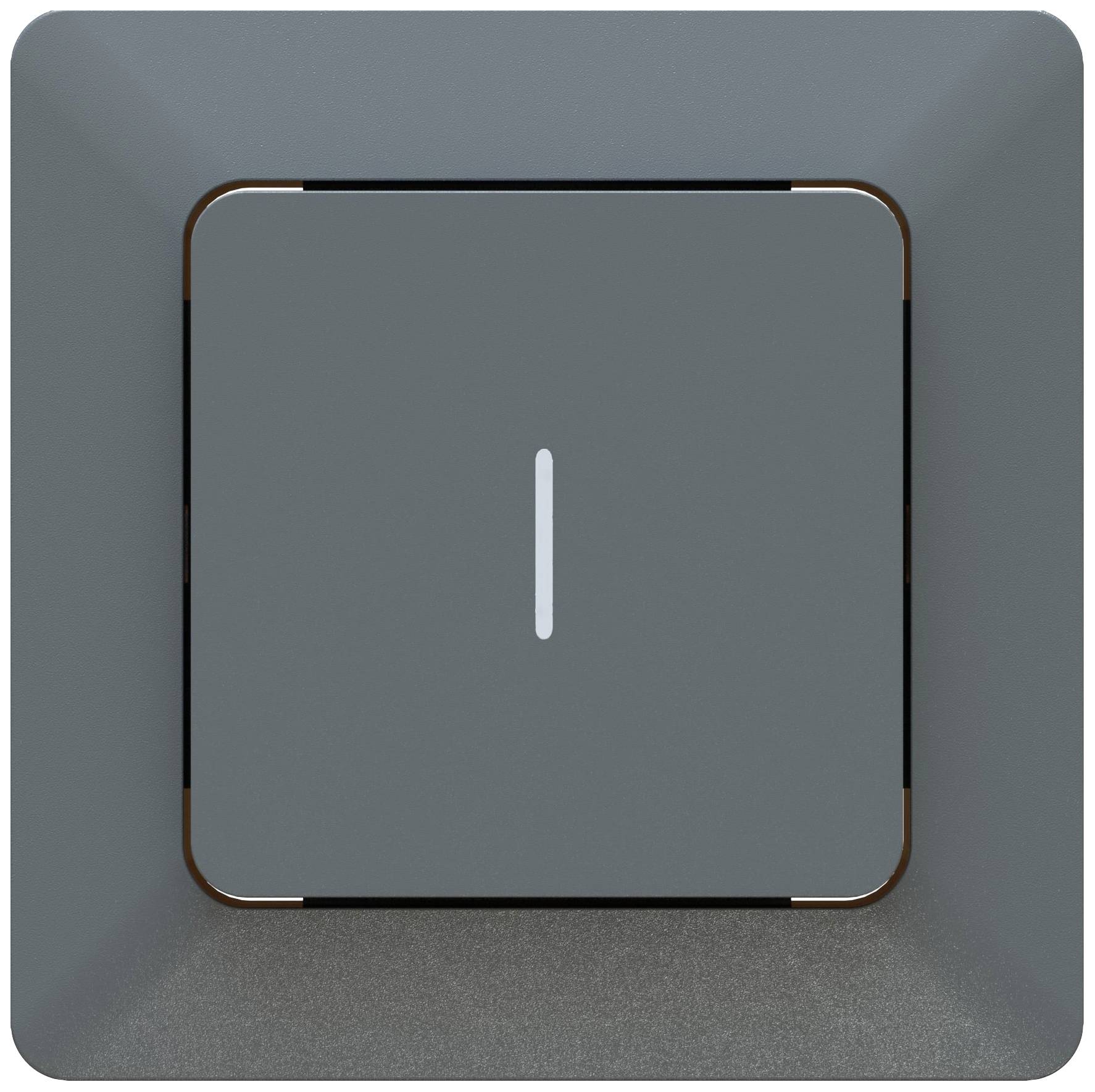 Un bouton interrupteur à bascule gris avec un trait vertical blanc au centre, représenté sur un fond sombre.