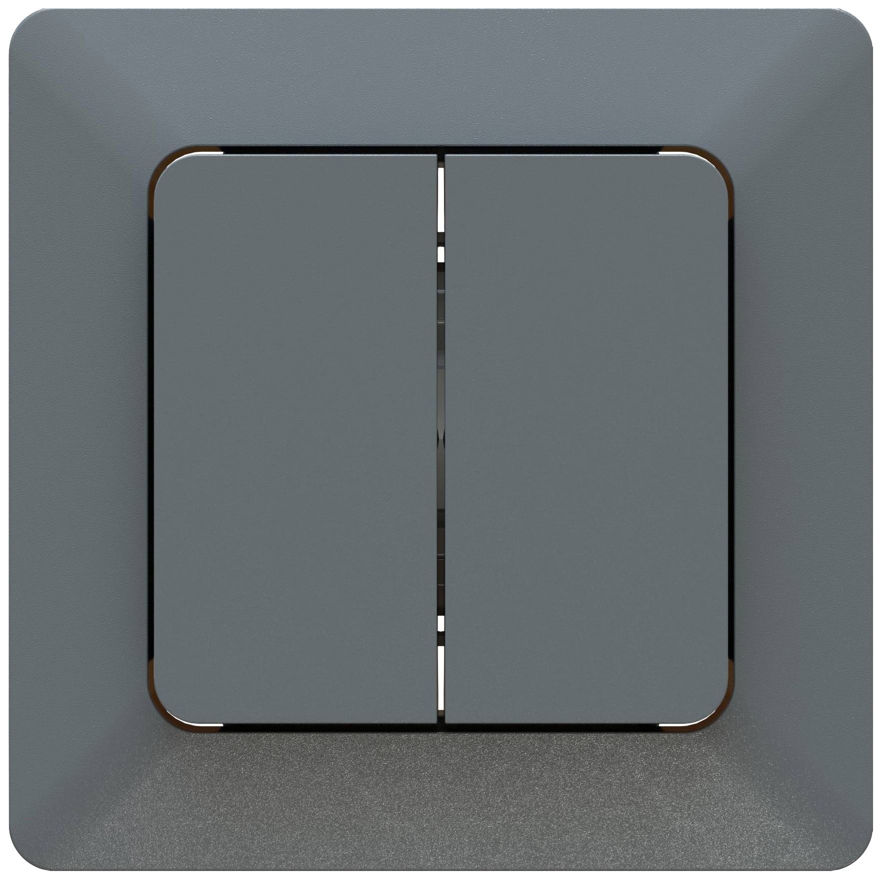 Un interrupteur double en gris foncé, au design simple et moderne.