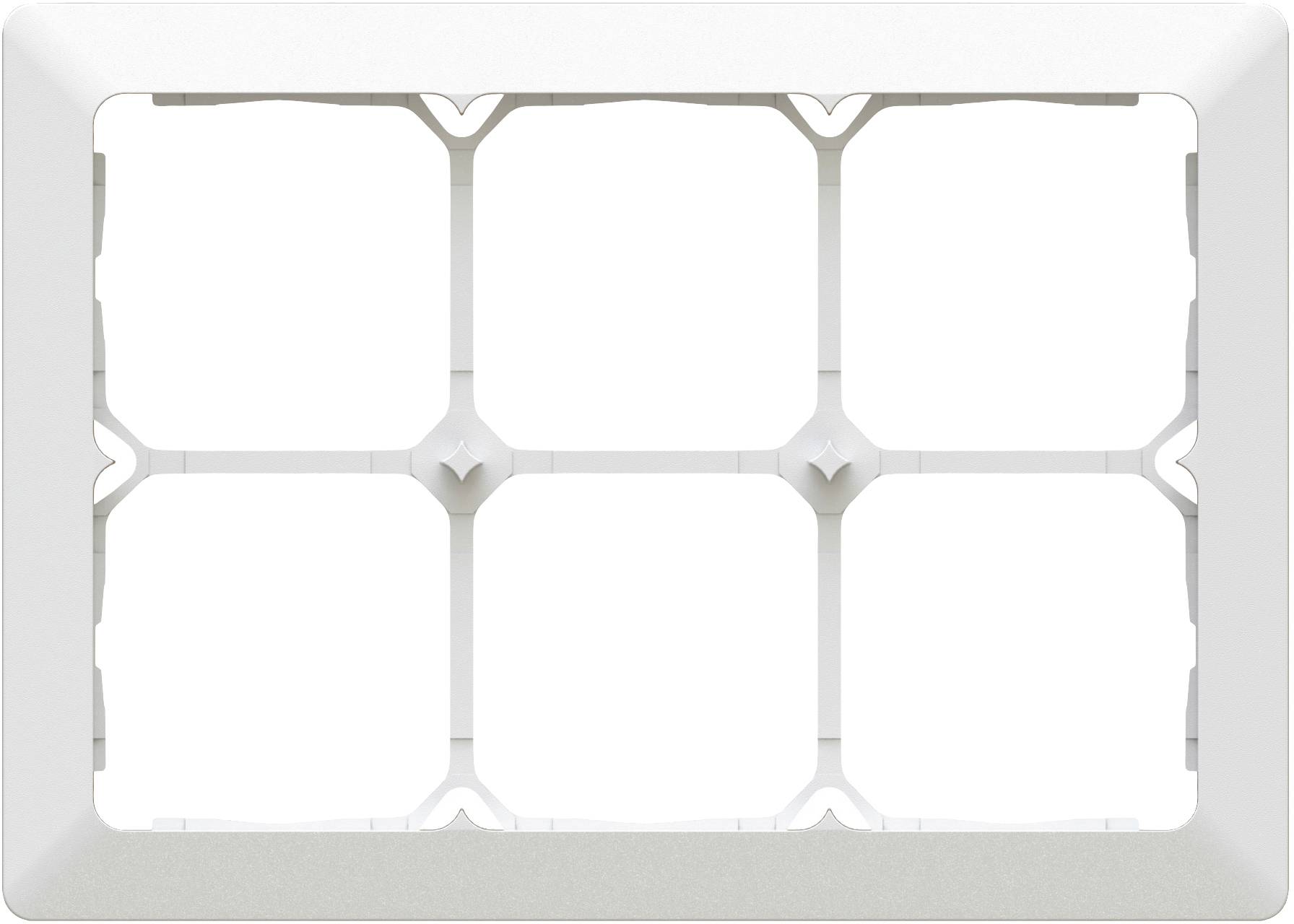 Un cadre en plastique blanc rectangulaire avec six ouvertures uniformes disposées en une grille de 2x3. Pourrait être utilisé pour le recouvrement ou pour des connexions enfichables.