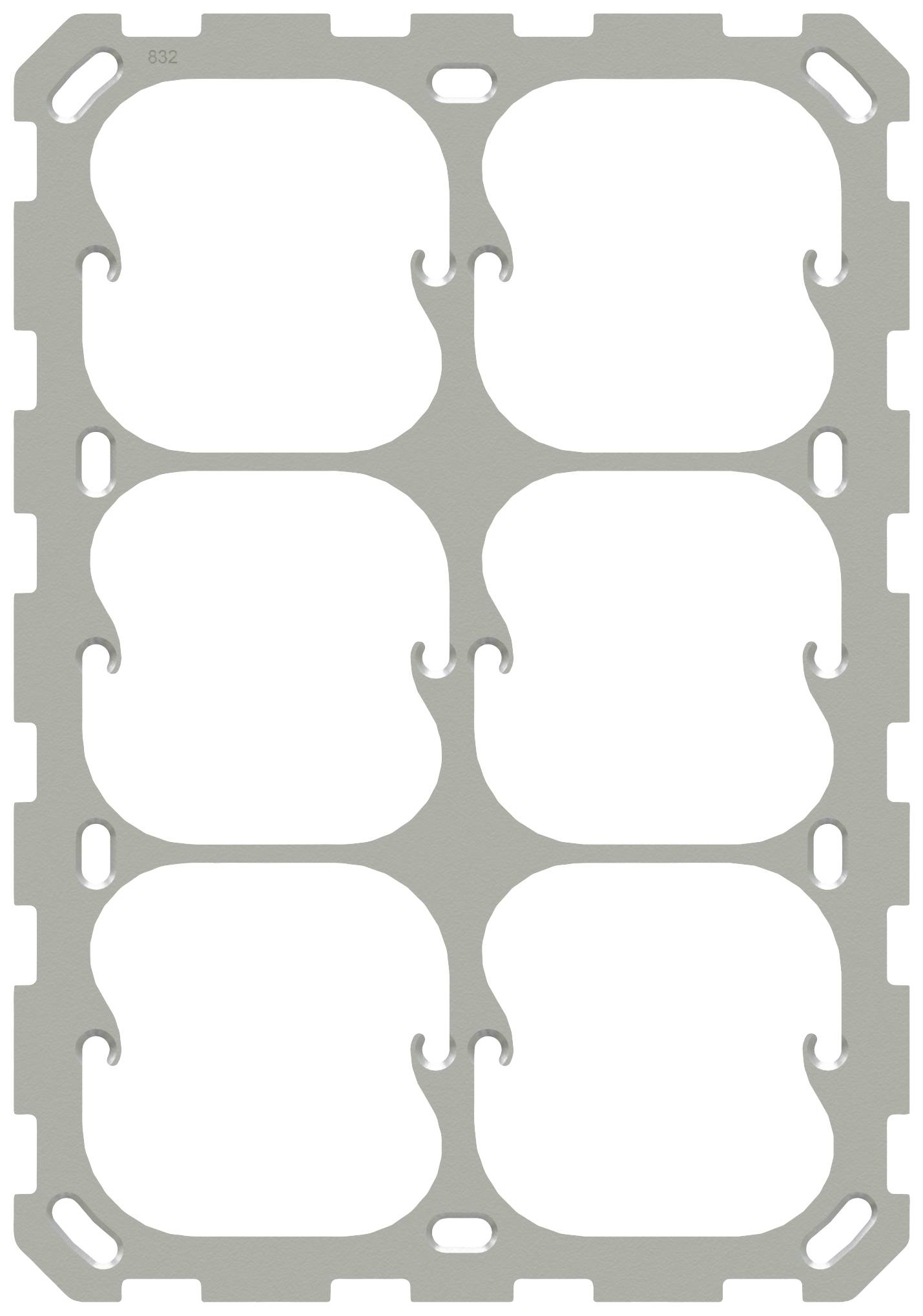 Un support en plastique gris avec six découpes ovales identiques, disposées en deux rangées verticales.