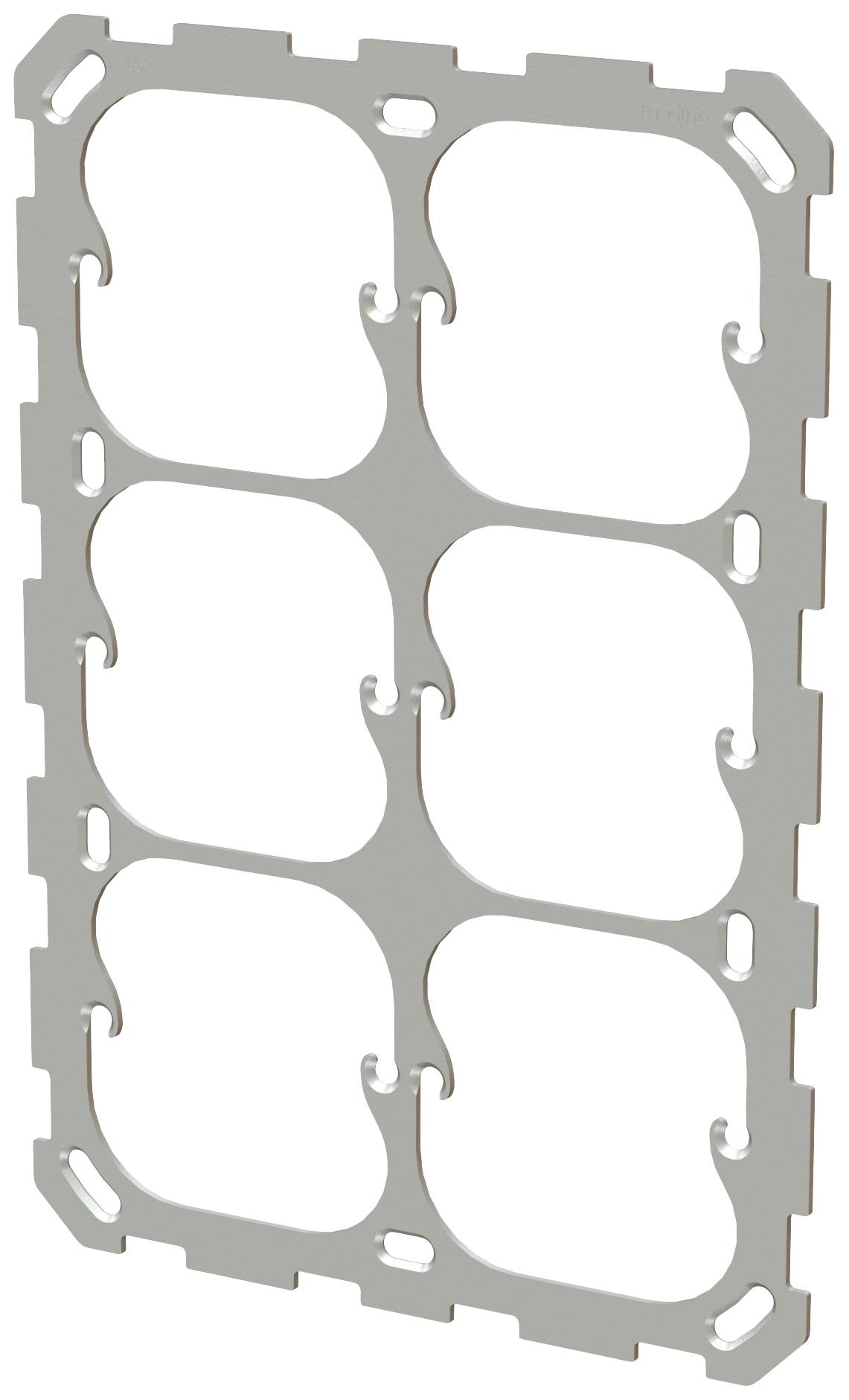 Plaque rectangulaire blanche en plastique avec six découpes ovales, probablement destinée à un montage modulaire dans un système de commutation.