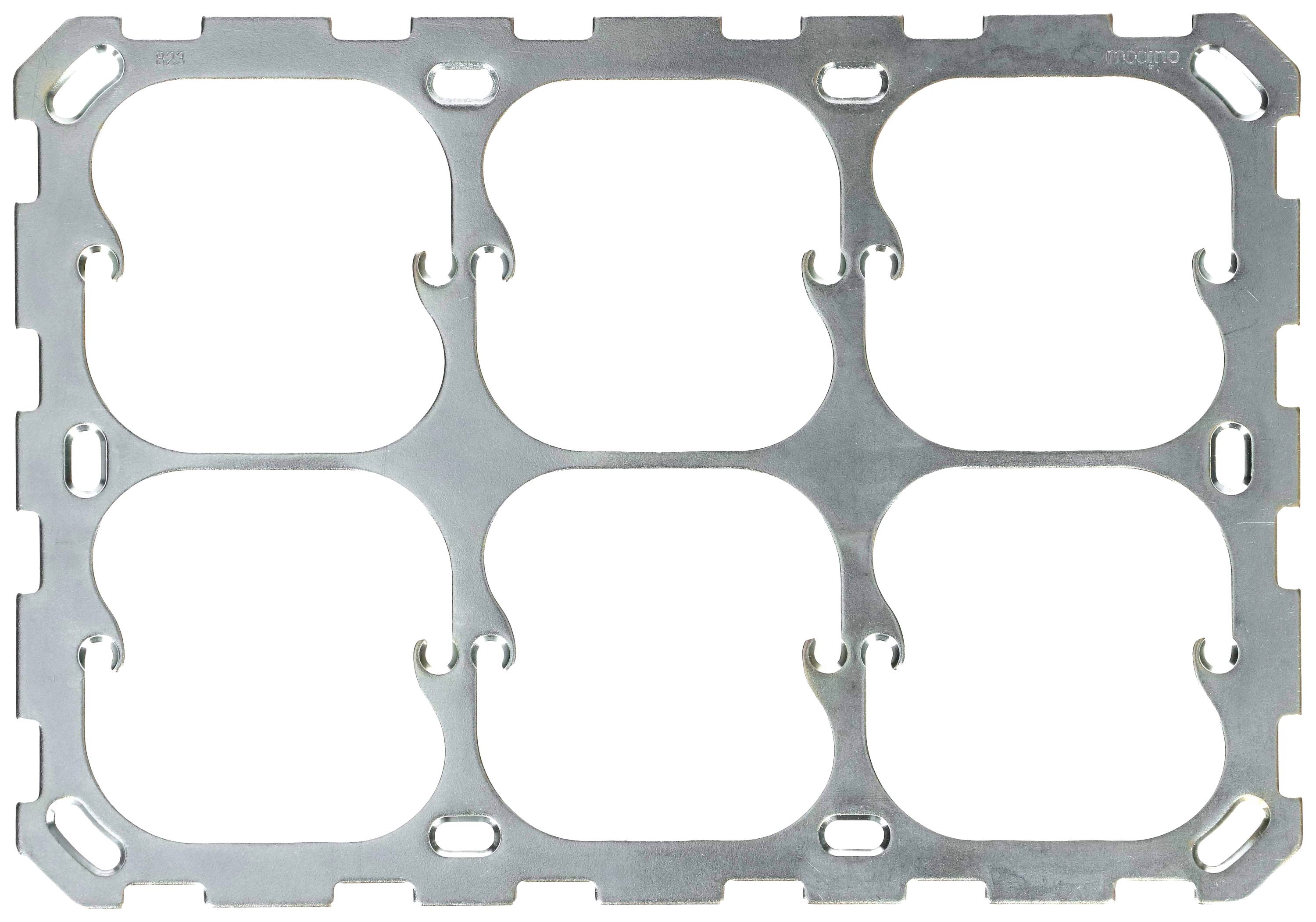 Un cadre métallique rectangulaire avec six évidements ovales disposés symétriquement.