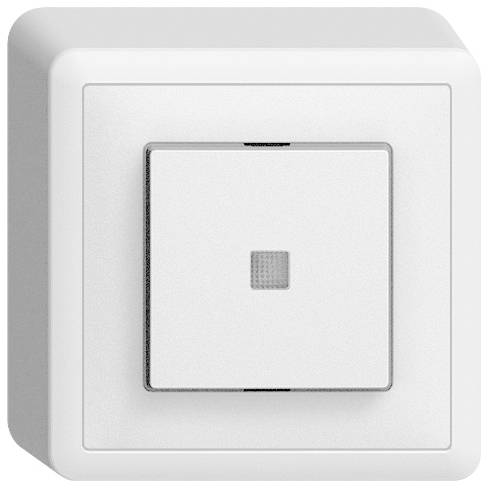 Un interrupteur blanc de forme carrée, monté sur un mur blanc. L'interrupteur est placé de manière centrale.