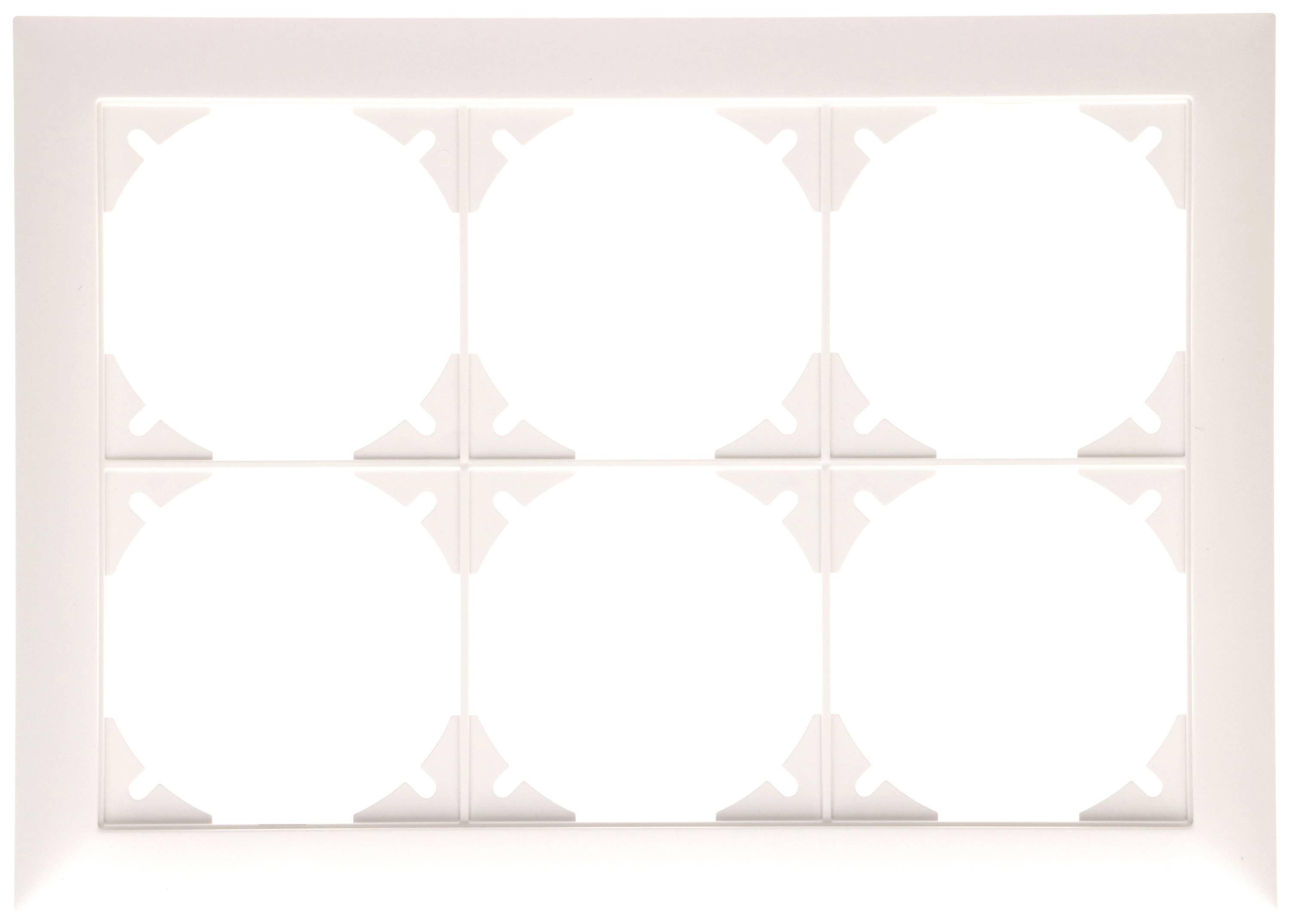 Un support rectangulaire blanc en plastique avec six ouvertures rondes disposées en deux rangées.