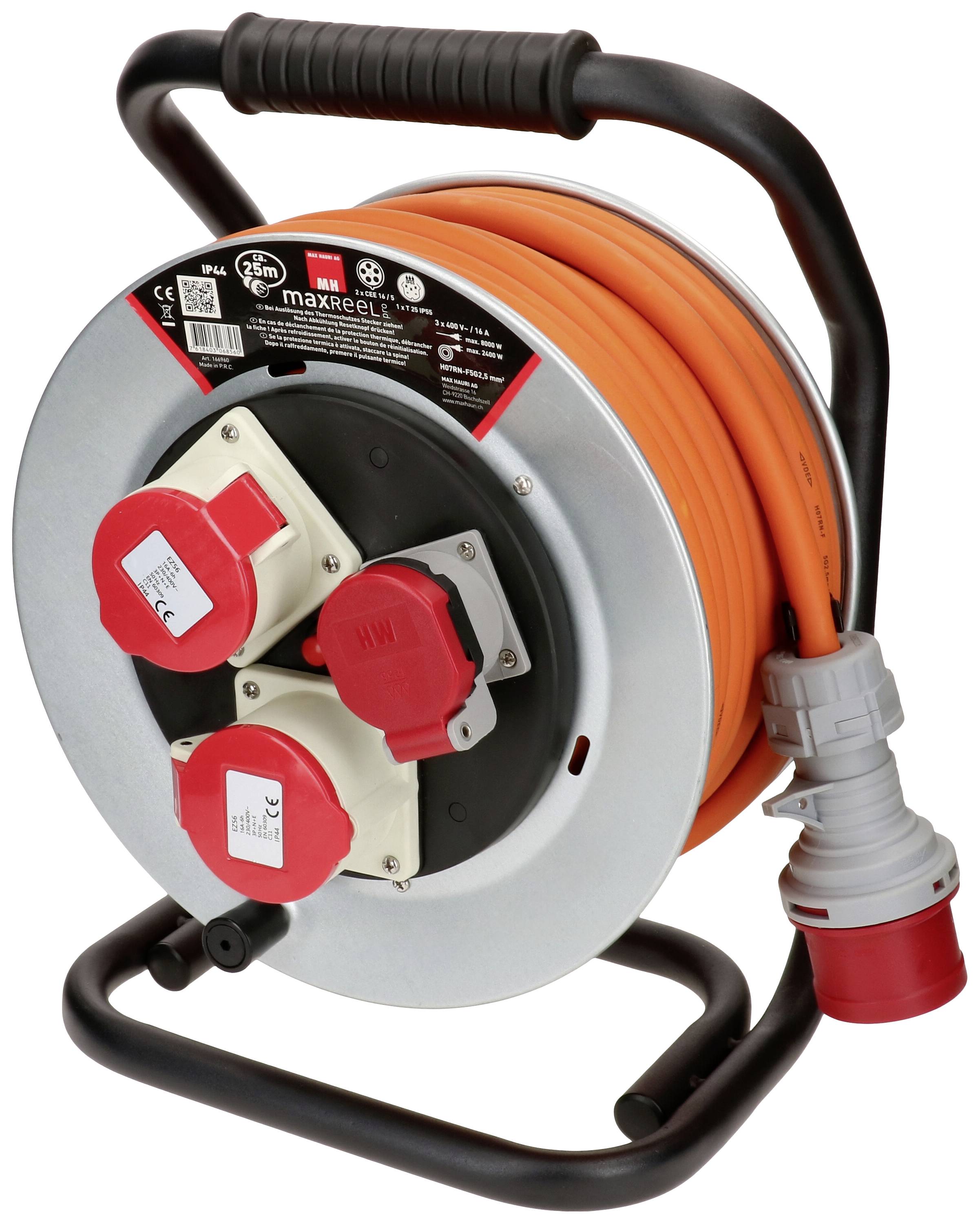Un enrouleur de câble avec une rallonge électrique orange et des prises, prêt à distribuer du courant sur un chantier ou pour des travaux de bricolage.