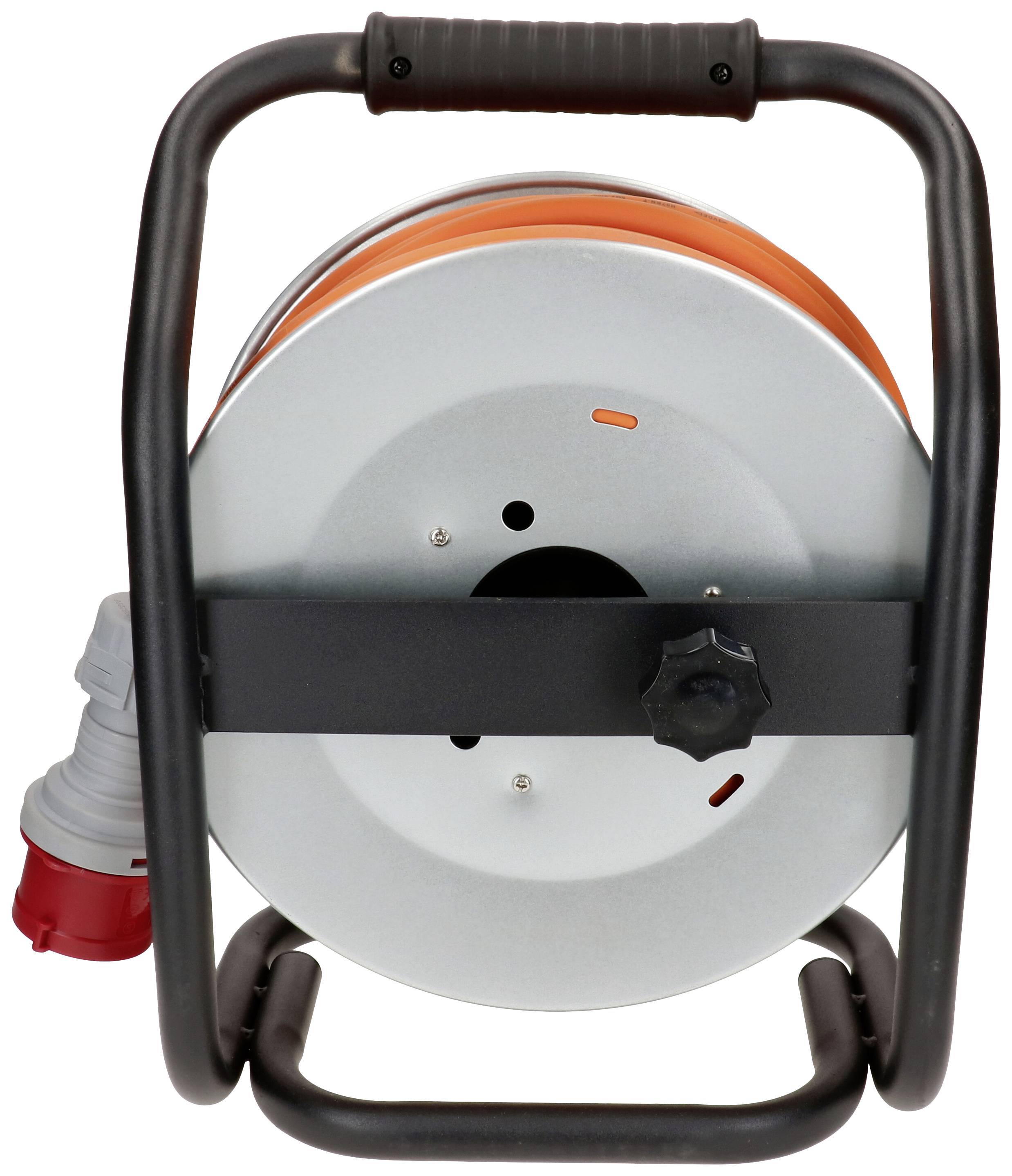 Un tambour de câble vide avec boîtier métallique et prise rouge, adapté aux applications électriques intensives.