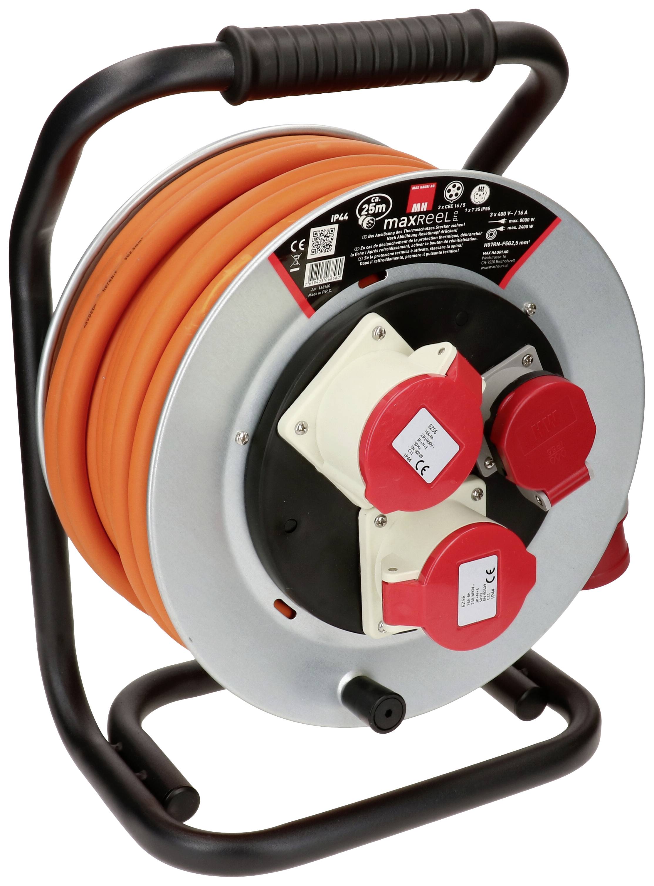 'Enrouleur de câble réglable avec câble orange et prises multiples, adapté pour un usage intérieur et extérieur.'