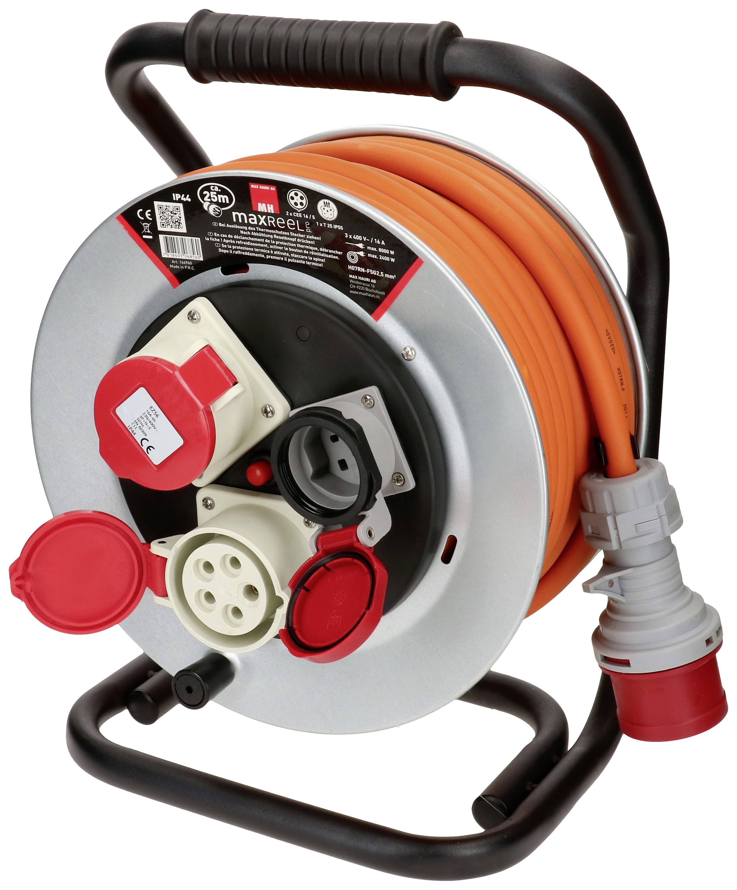 Échelle de développement avec un câble orange long monté sur un support roulant, adapté aux applications industrielles.