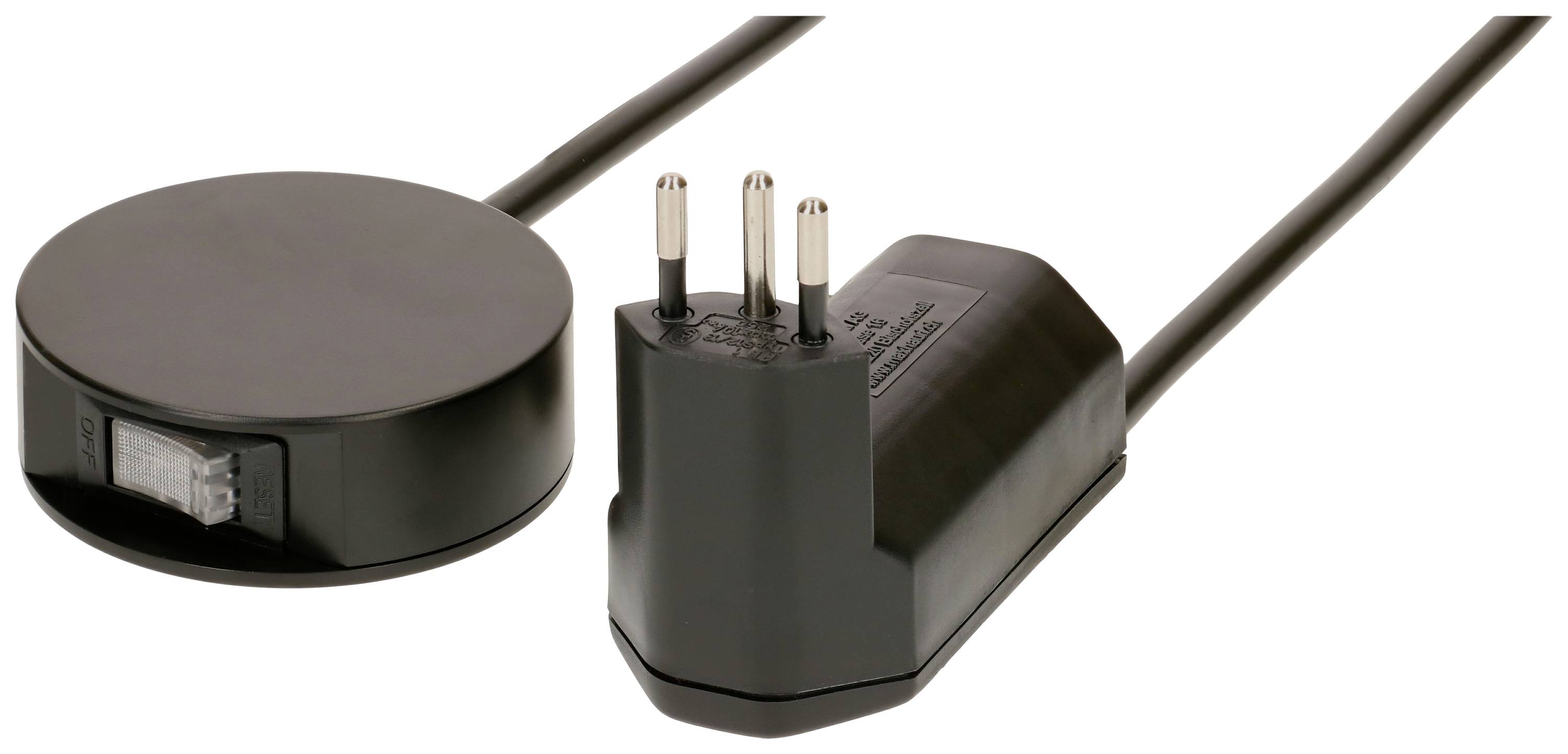 Un appareil électronique noir avec des contacts de fiche et une base ronde. Utilisé pour les connexions électriques.