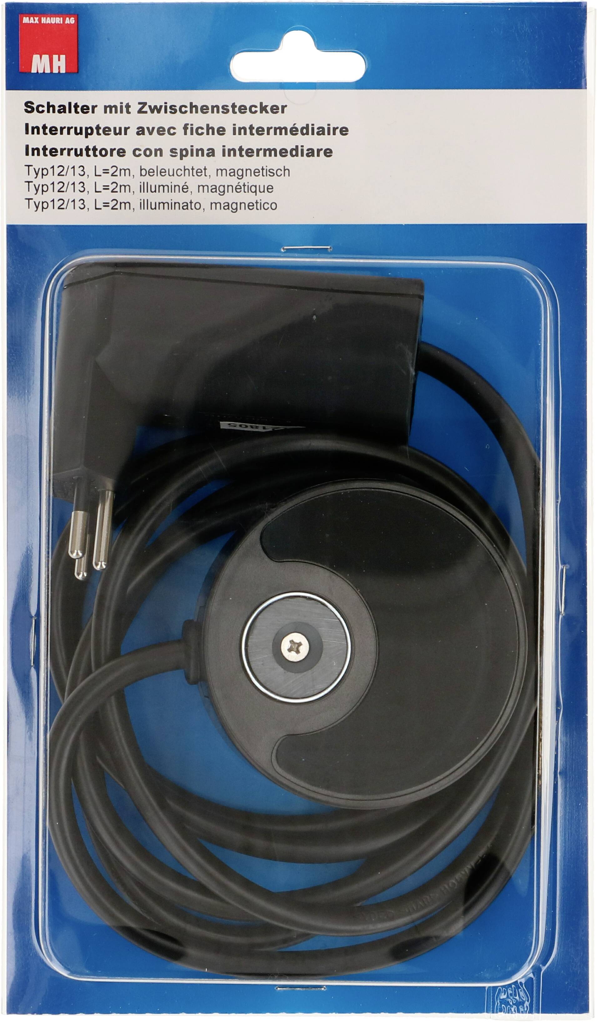 'Interrupteur avec fiche intermédiaire' en emballage plastique. Contient un câble avec interrupteur magnétique. Descriptions en allemand, français et italien.