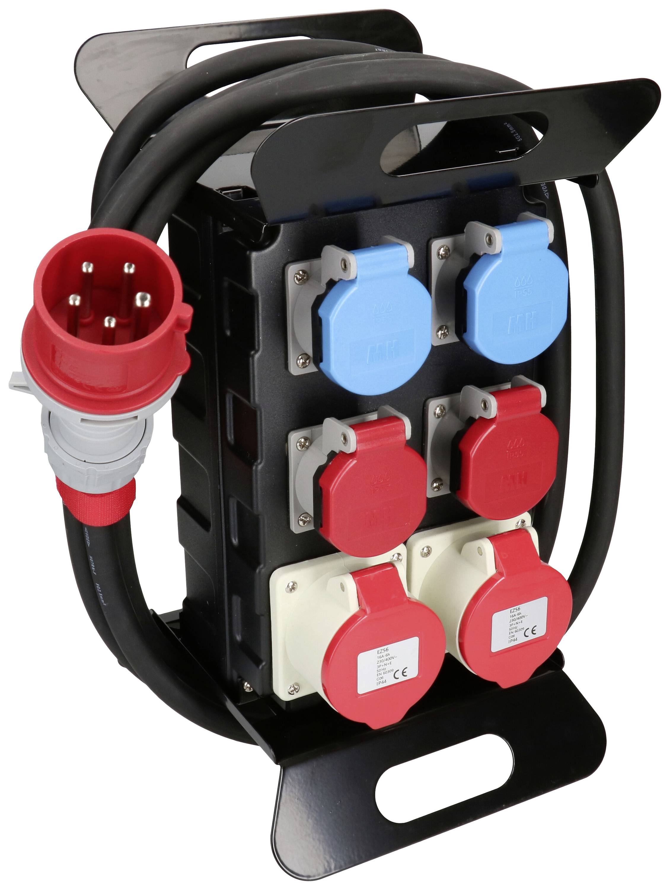 Un distributeur électrique portable avec plusieurs prises et une fiche industrielle rouge. Adapté pour une utilisation sur les chantiers de construction.