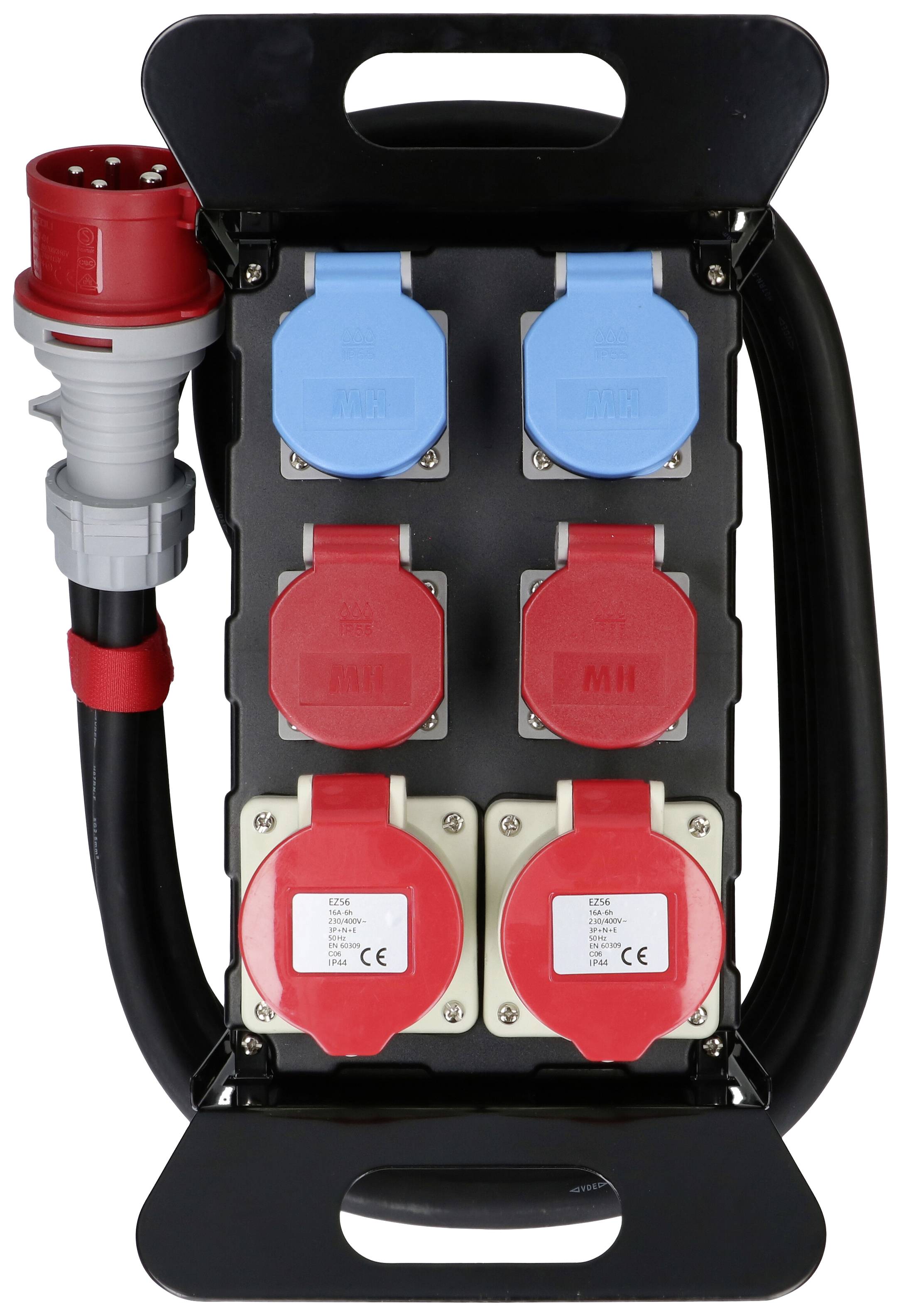 Un distributeur électrique portable doté de plusieurs prises : deux prises bleues et quatre prises rouges, disposées en deux rangées.