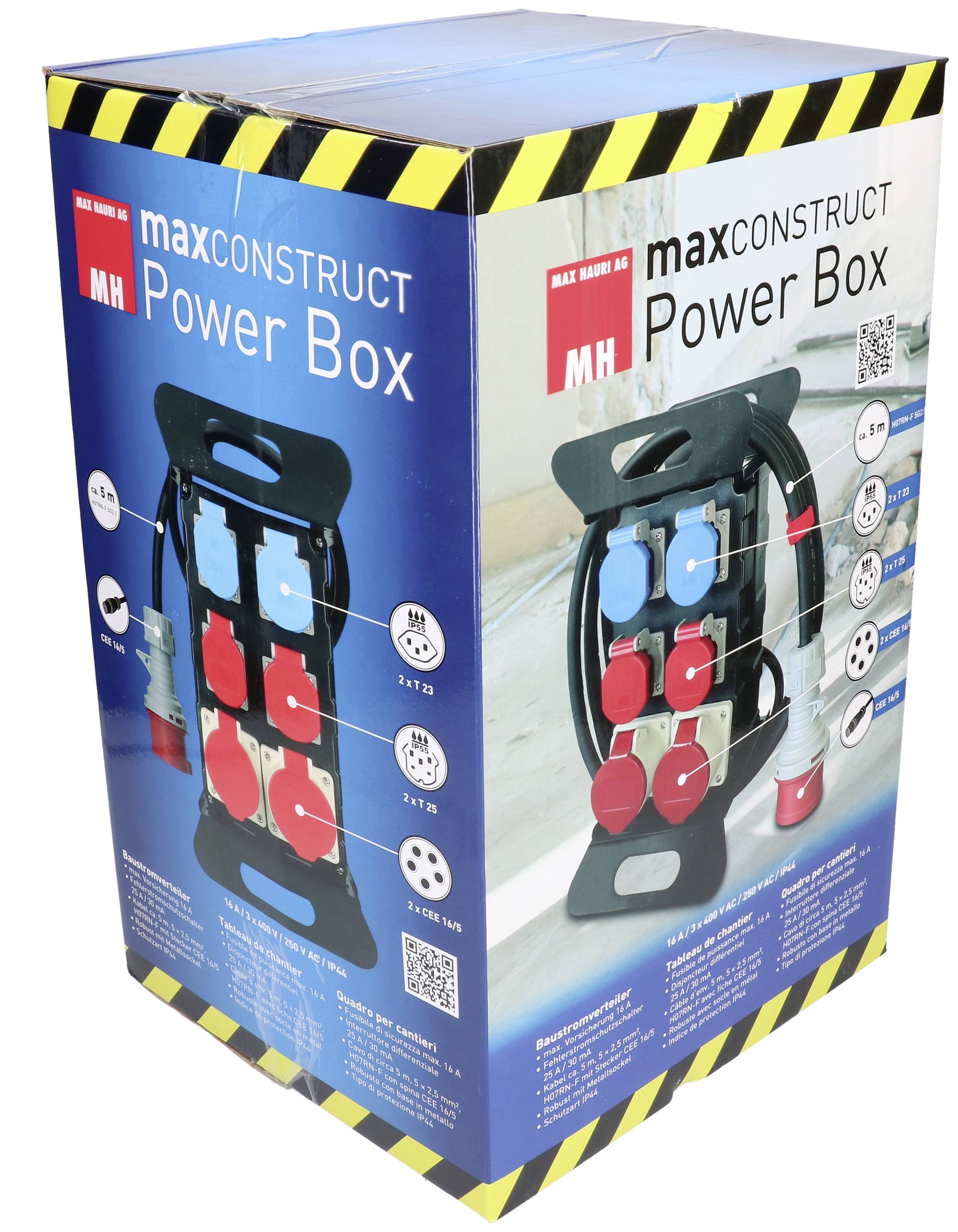 Emballage d'un 'maxCONSTRUCT Power Box' avec plusieurs prises électriques et des connexions rouges/bleues pour raccorder des appareils électriques.