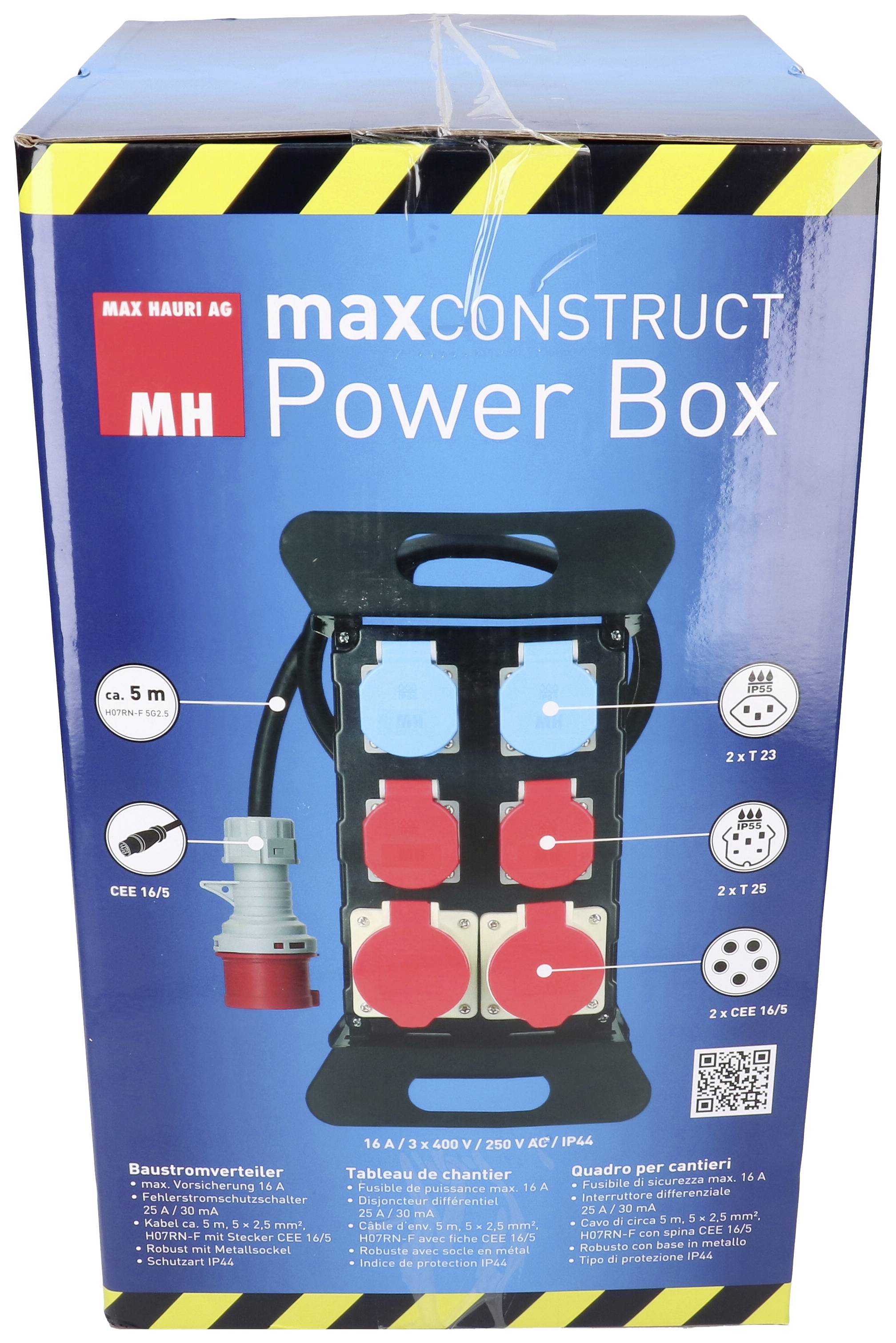 Boîte de Distribution Électrique MaxConstruct Power Box, fond bleu. Présente un appareil portable de distribution électrique avec plusieurs prises, adapté pour les chantiers.