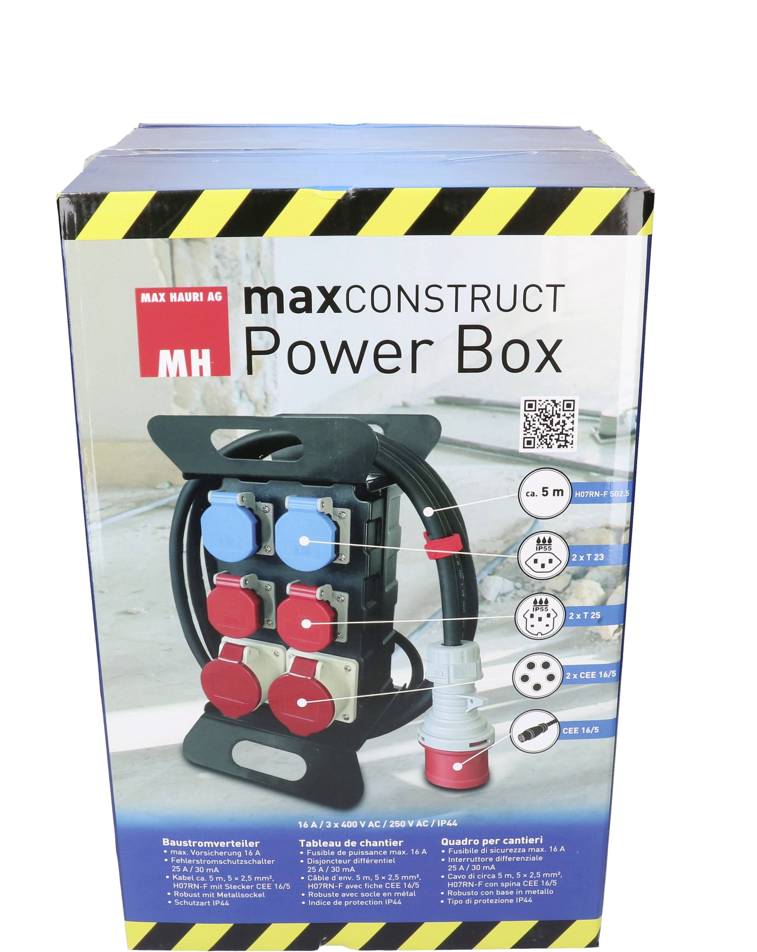 Emballage du 'MaxConstruct Power Box' présente un boîtier de distribution électrique portable avec plusieurs prises et câbles, adapté aux chantiers.