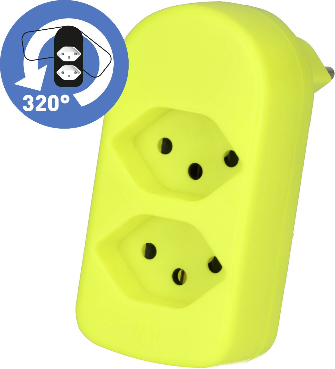 Adaptateur double jaune avec des prises électriques, à côté d'un symbole bleu avec deux flèches et le chiffre '320°', indiquant une fonction de rotation.