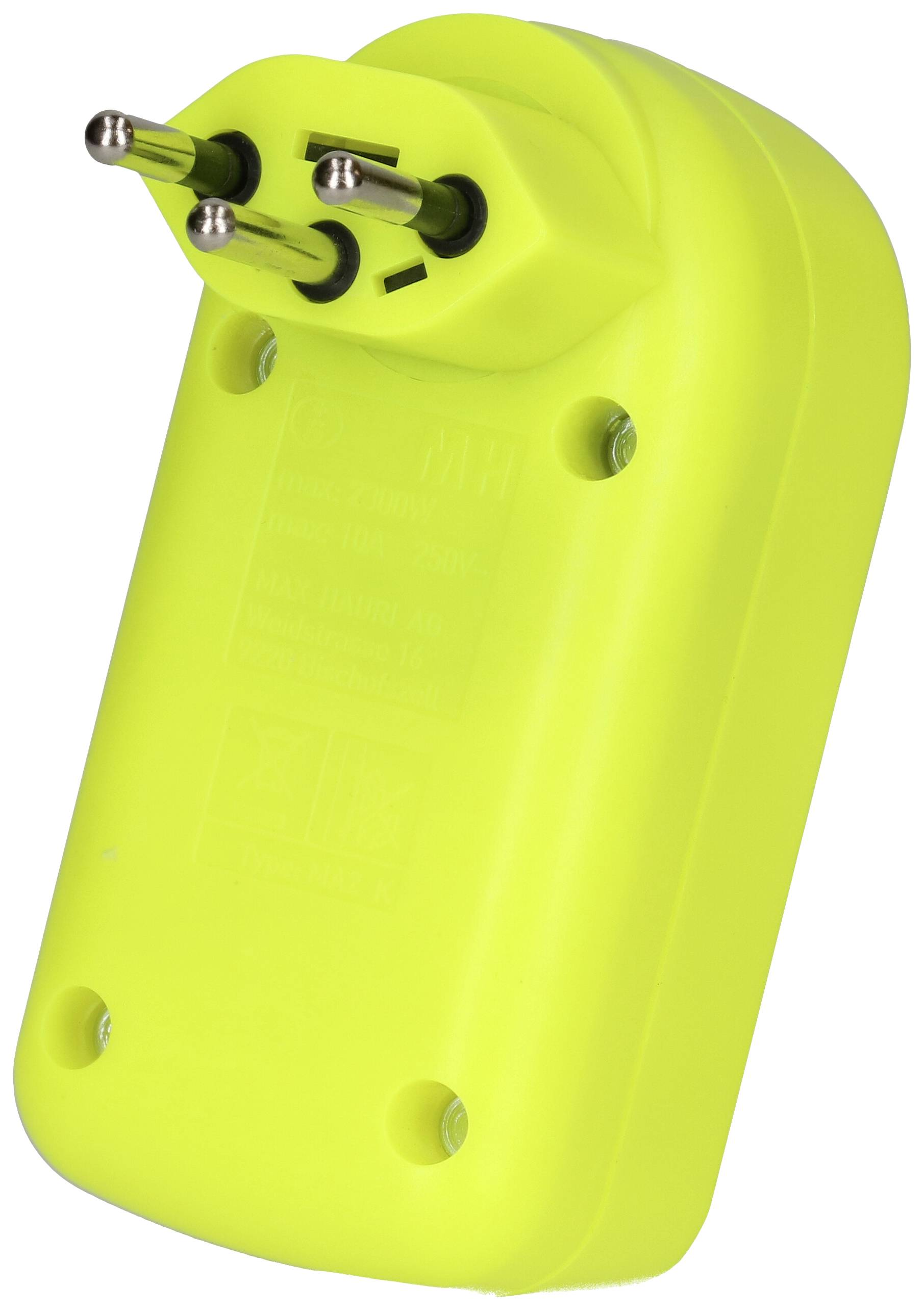 Appareil électronique jaune avec deux broches métalliques, probablement un adaptateur ou un chargeur.