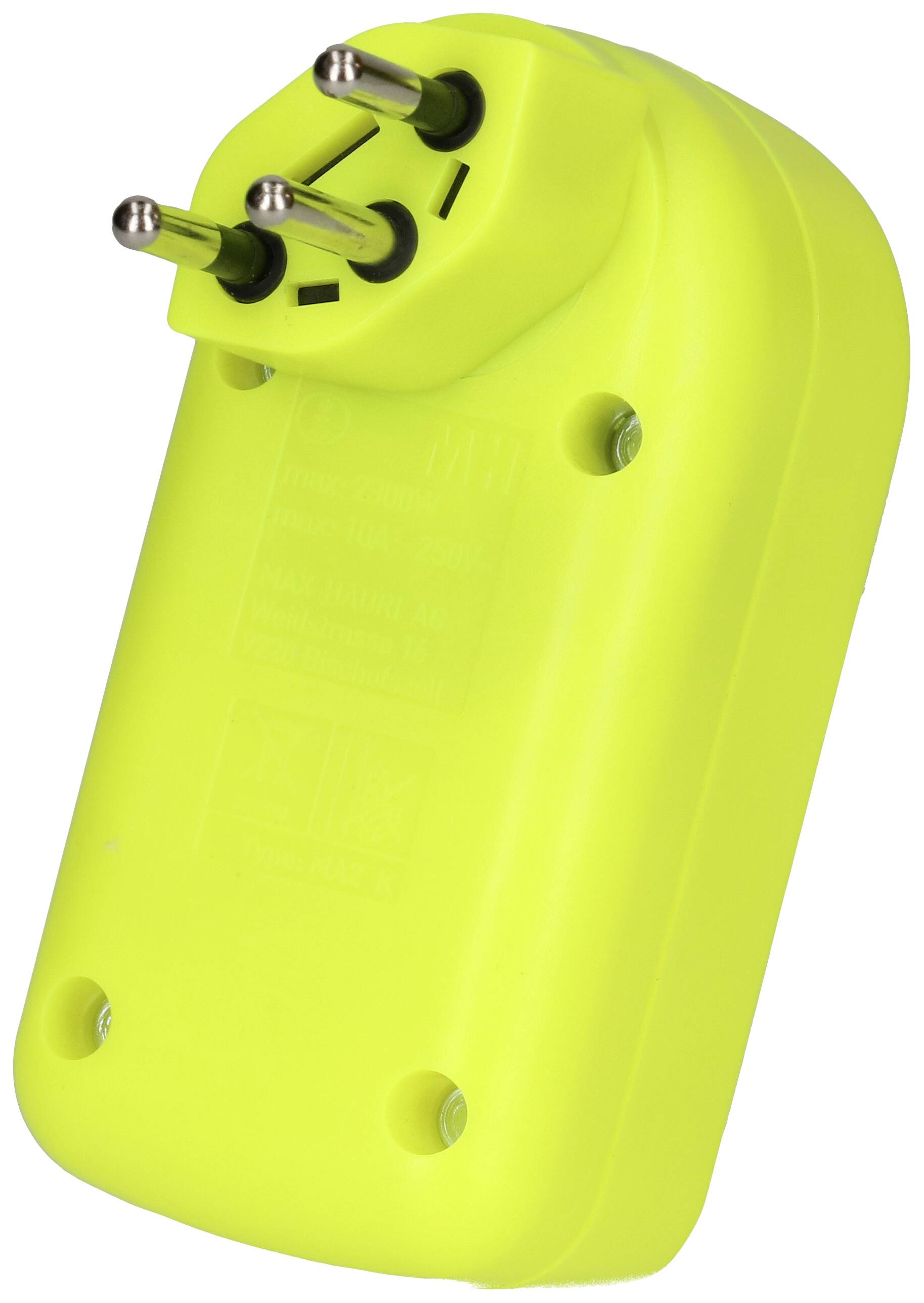 Un adaptateur de voyage jaune avec trois broches rondes et un dos arrondi. Adapté aux prises électriques internationales.