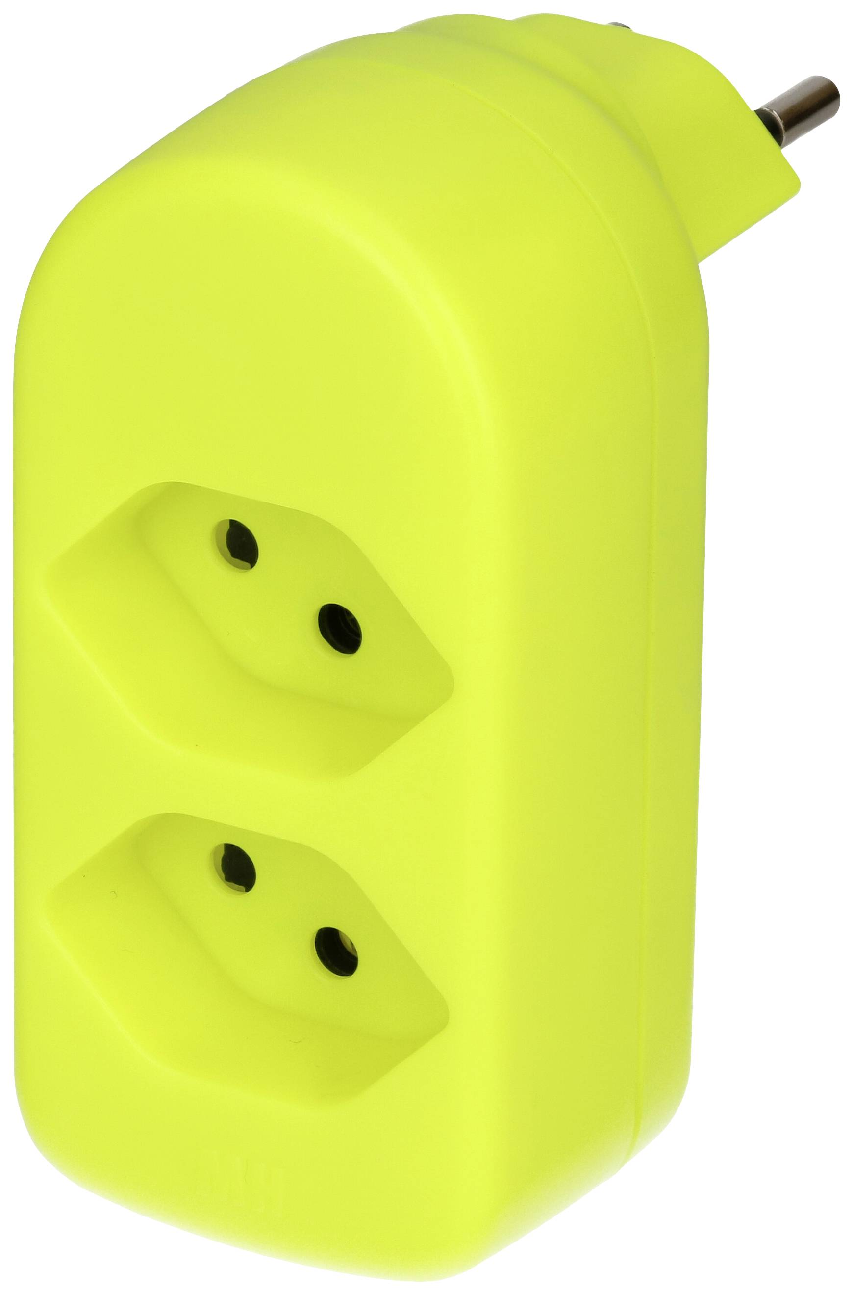 Adaptateur double multiprise jaune avec deux trous de prise et une fiche. Adapté pour connecter plusieurs appareils électriques à une seule source d'alimentation.