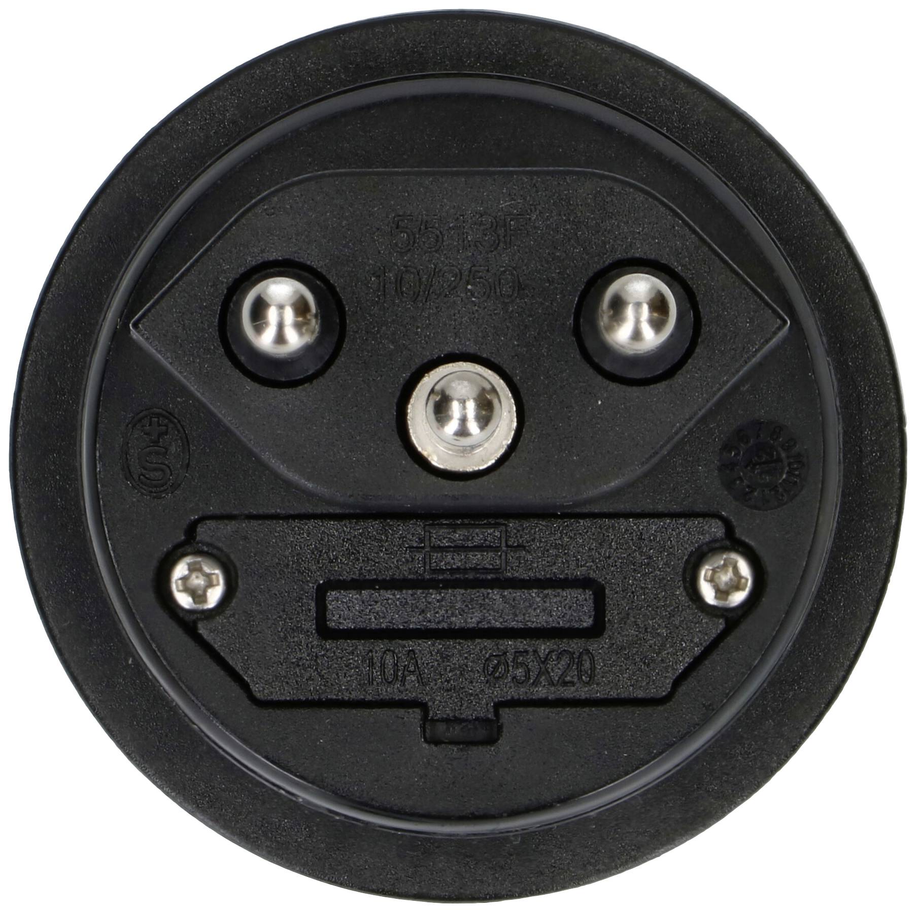 Prise ronde noire avec trois contacts métalliques et un support de fusible au centre, adaptée pour 10A, 250V.