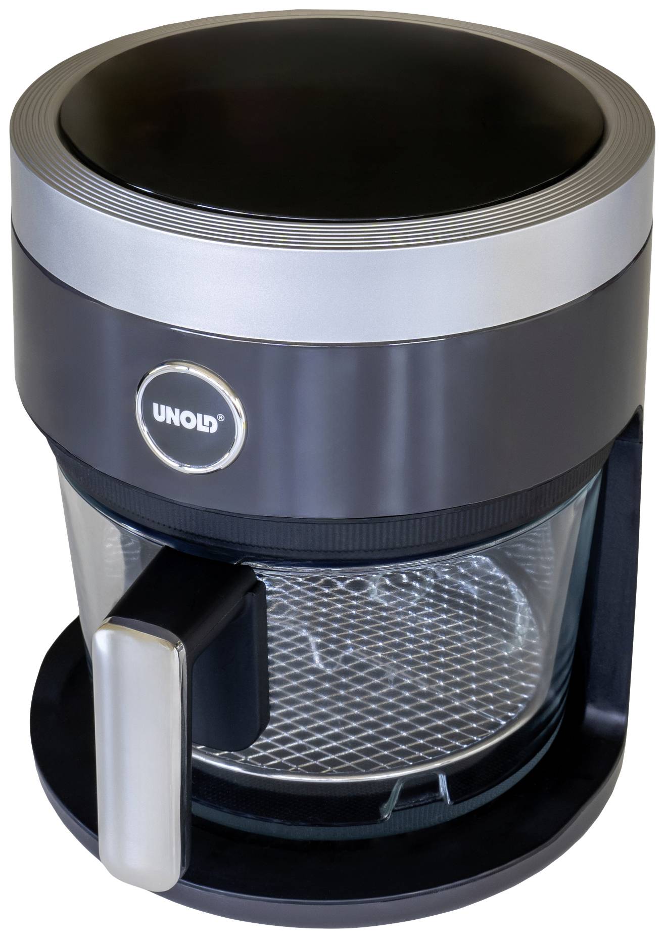 Une machine à café noire avec un couvercle argenté et une carafe en verre. La marque 'Unold' est visible à l'avant.