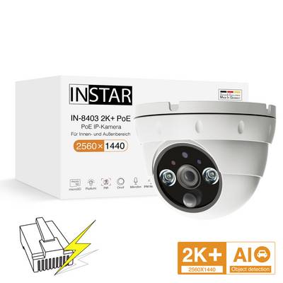 Caméra IP PoE INSTAR IN-8403 2K+ pour intérieur et extérieur avec résolution de 2560x1440 pixels. L'emballage présente la caméra avec détection d'objets.