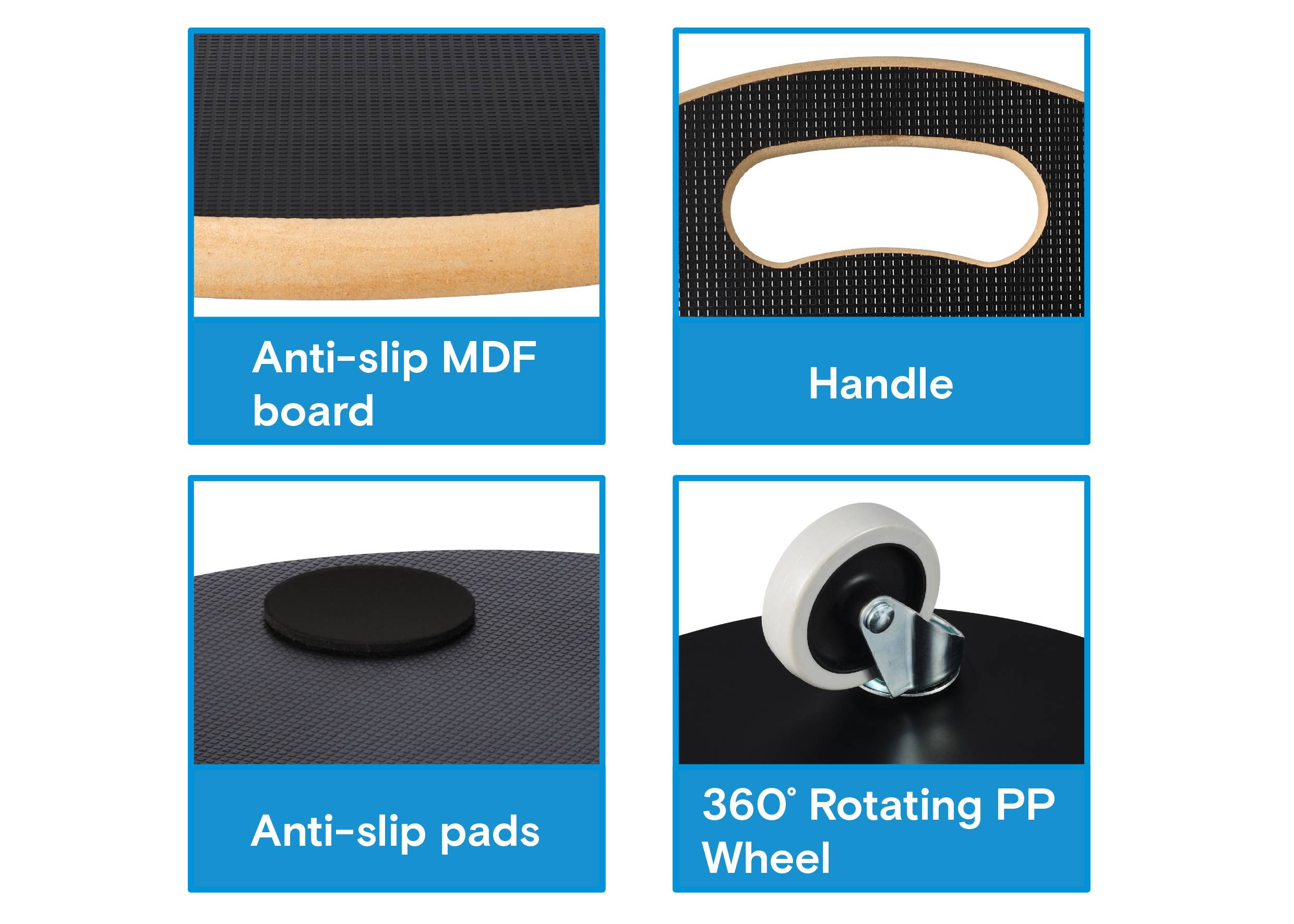 Quatre images illustrent : des panneaux MDF antidérapants, une poignée, des patins antidérapants et une roue en PP pivotant à 360 degrés.