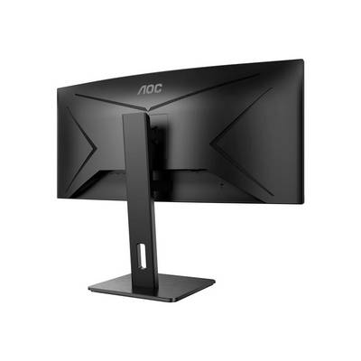 Un moniteur AOC noir et incurvé vu de dos, montrant le socle et les fentes de ventilation. L'écran est éteint.