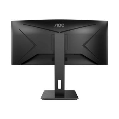 Vue arrière d'un écran d'ordinateur noir de marque AOC avec un large socle et un design élégant.