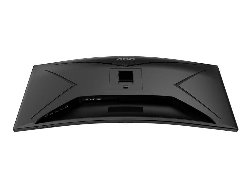 Un moniteur noir et incurvé vu de dos, montrant ses connexions et le logo de la marque en haut.