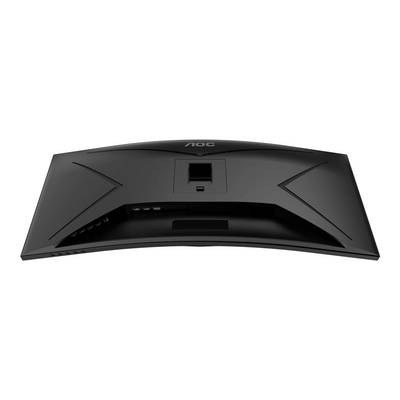 Un moniteur noir et incurvé vu de dos, montrant ses connexions et le logo de la marque en haut.