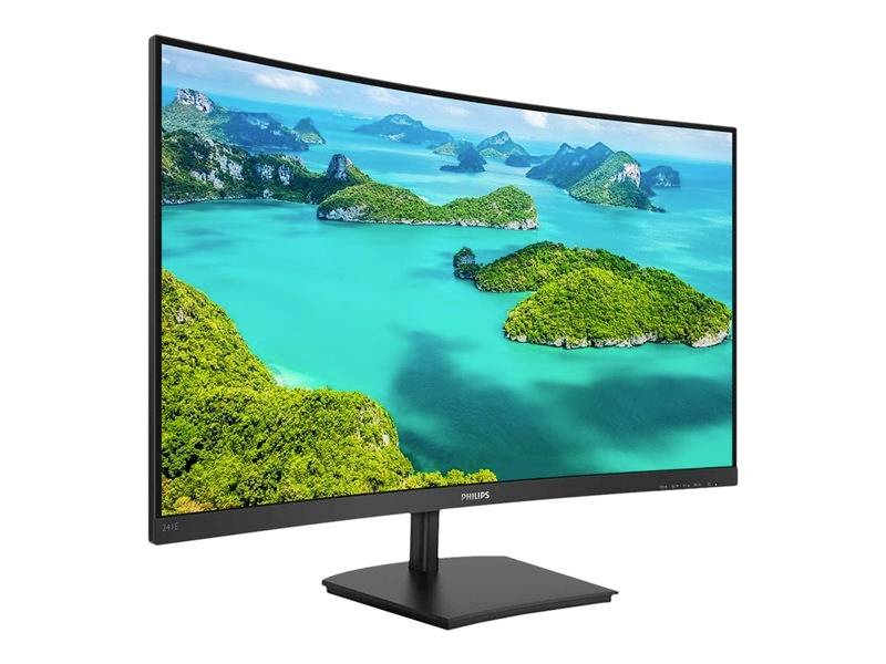 Un moniteur incurvé affiche un archipel tropical avec des eaux turquoise et des îles verdoyantes sous un ciel bleu.