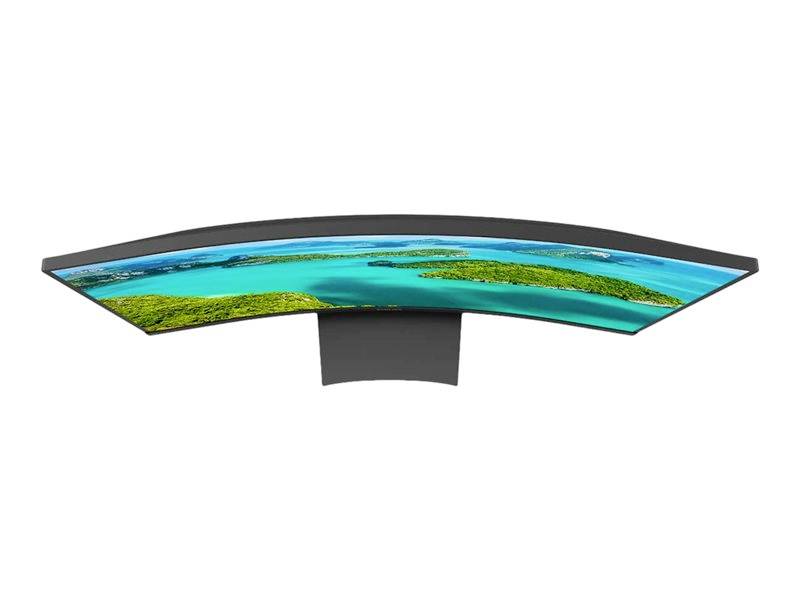 Un moniteur d'ordinateur incurvé et élégant affichant un paysage vivant avec des étendues d'eau bleues et des îles verdoyantes.